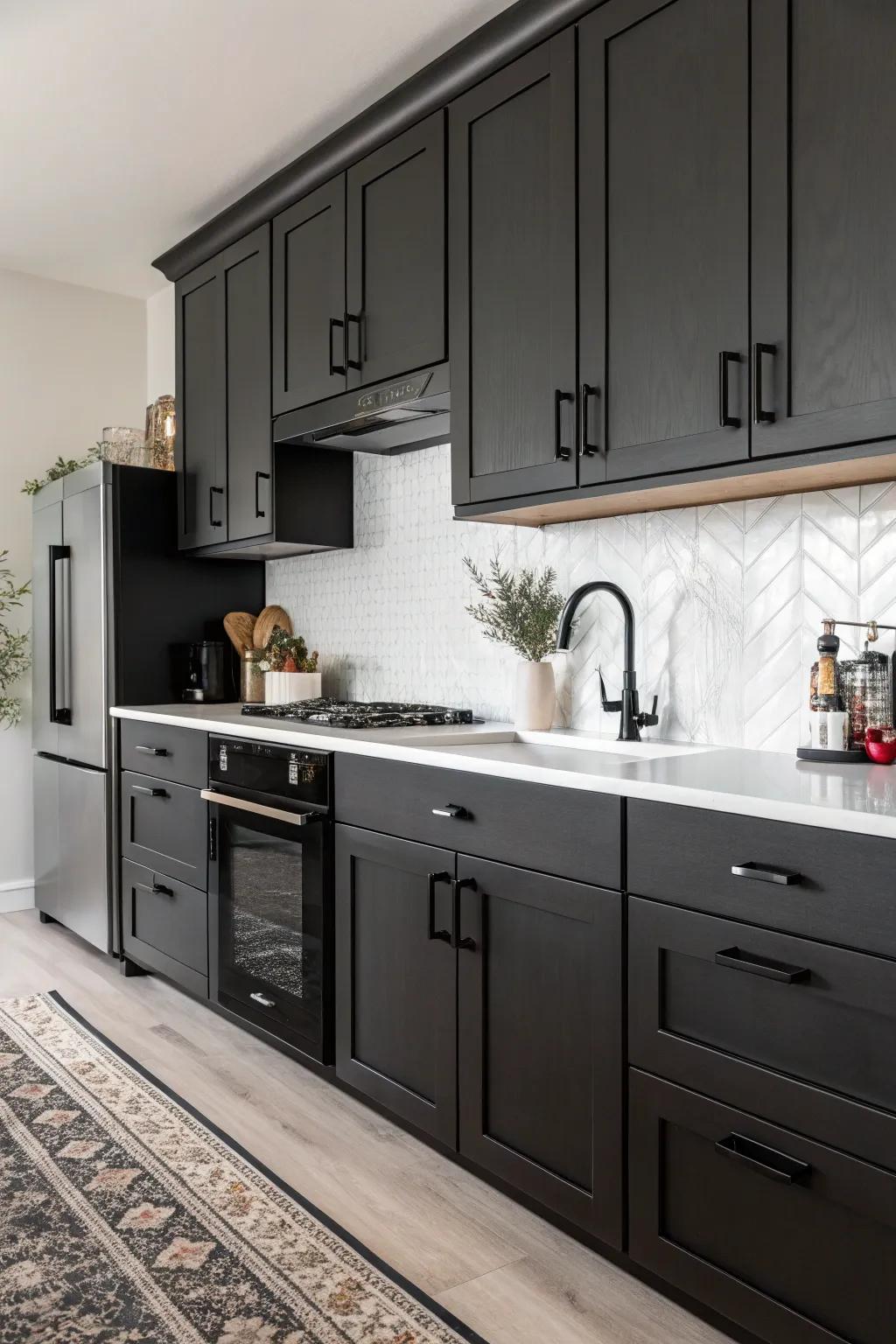 Dark cabinets enhanced with black hardware for a sleek, modern kitchen.