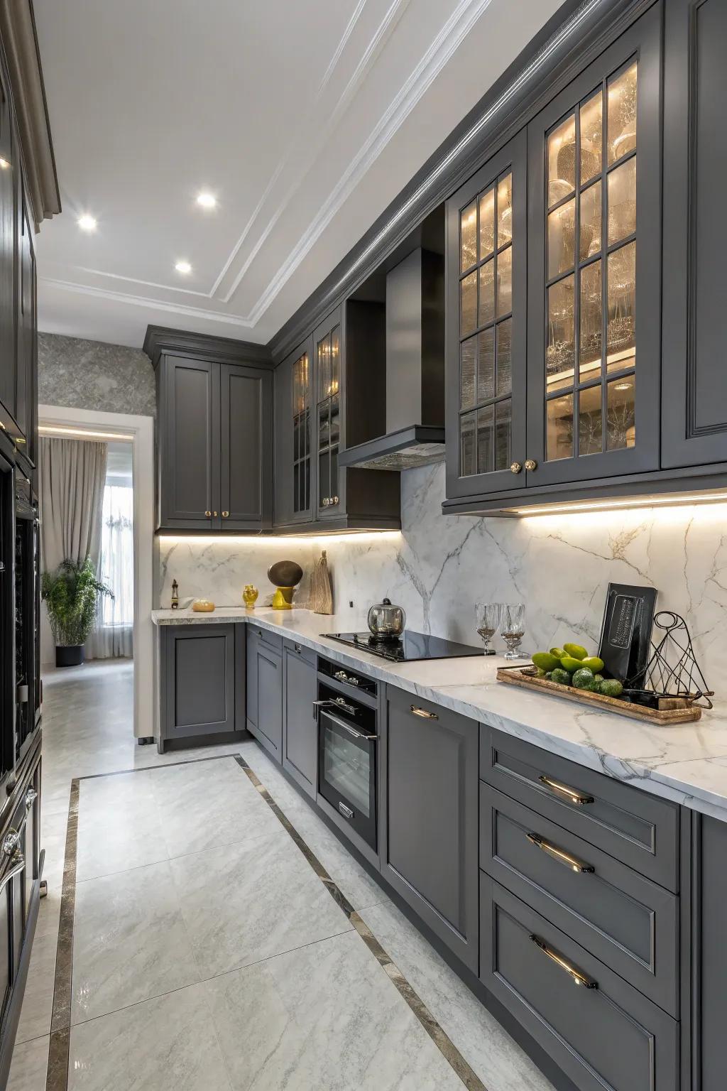 Dark cabinets paired with cool grey walls and countertops for a sleek kitchen.