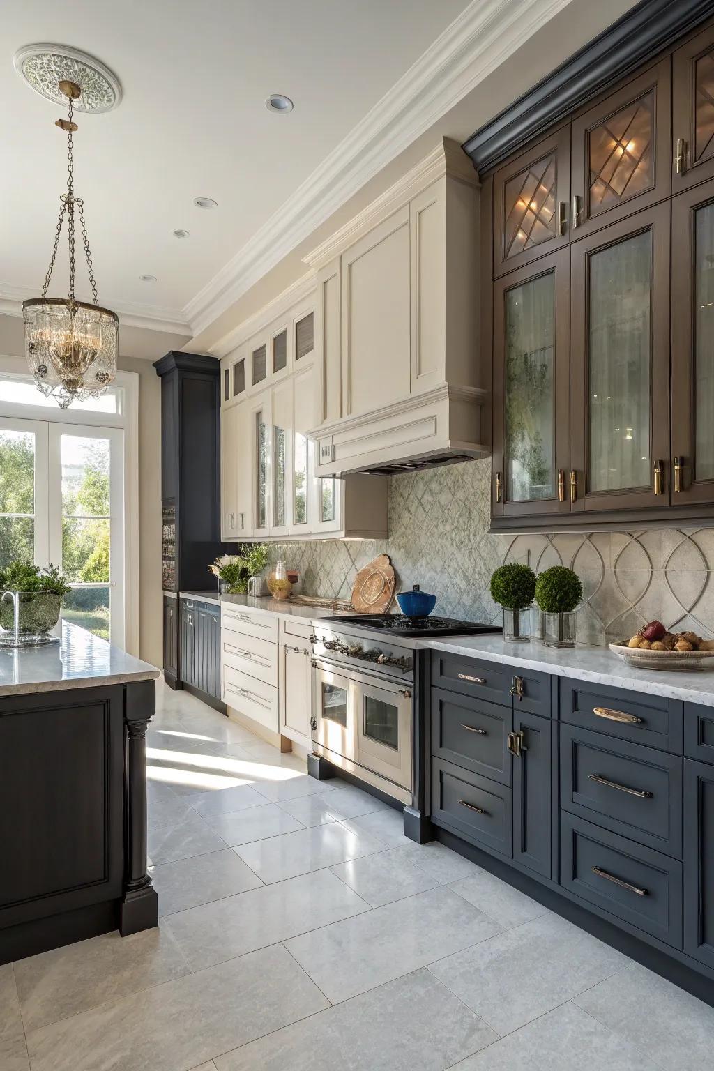 Kitchen featuring two-toned cabinetry combining dark and light shades for visual interest.