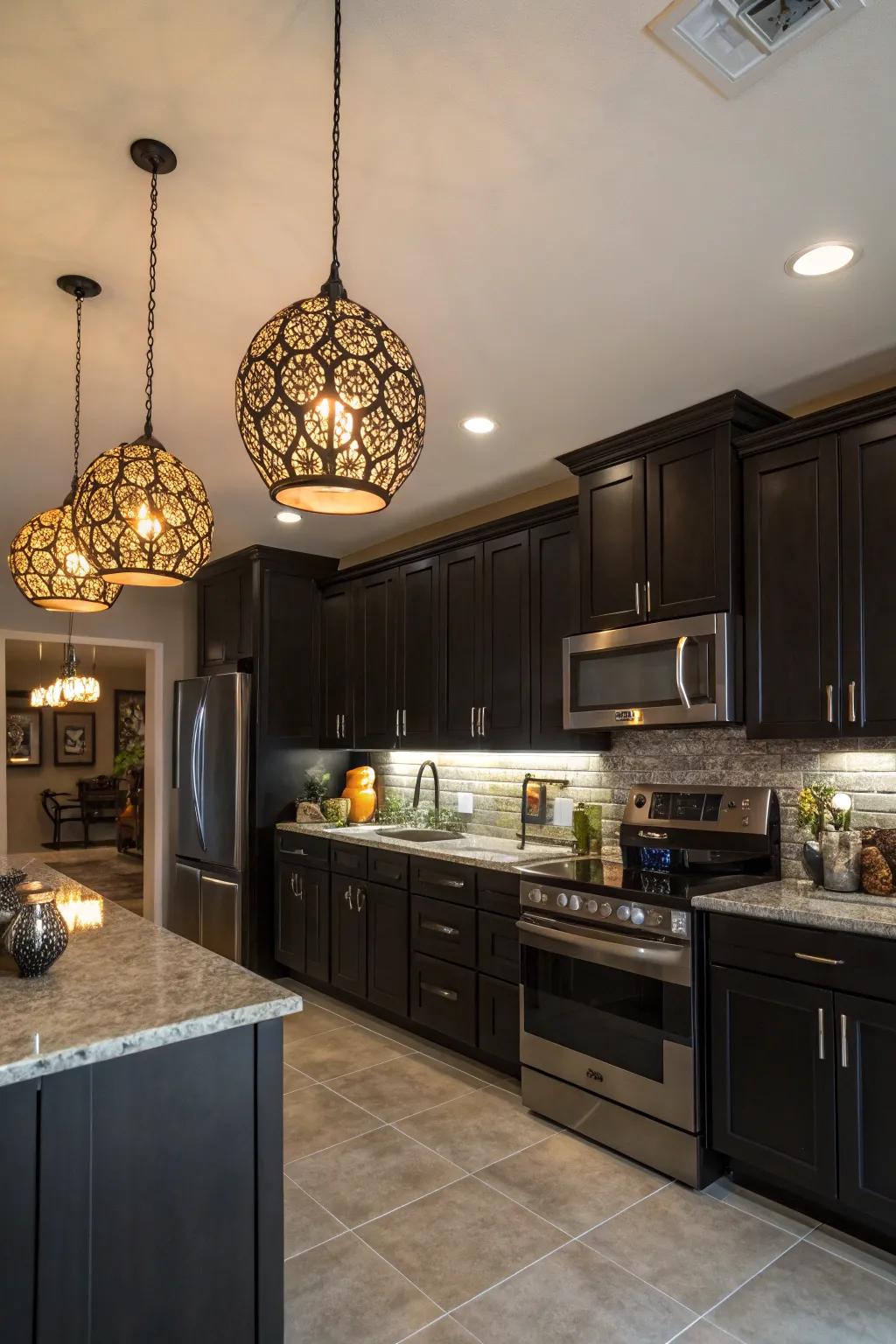 Dark cabinets highlighted by artistic pendant lights for a unique kitchen atmosphere.