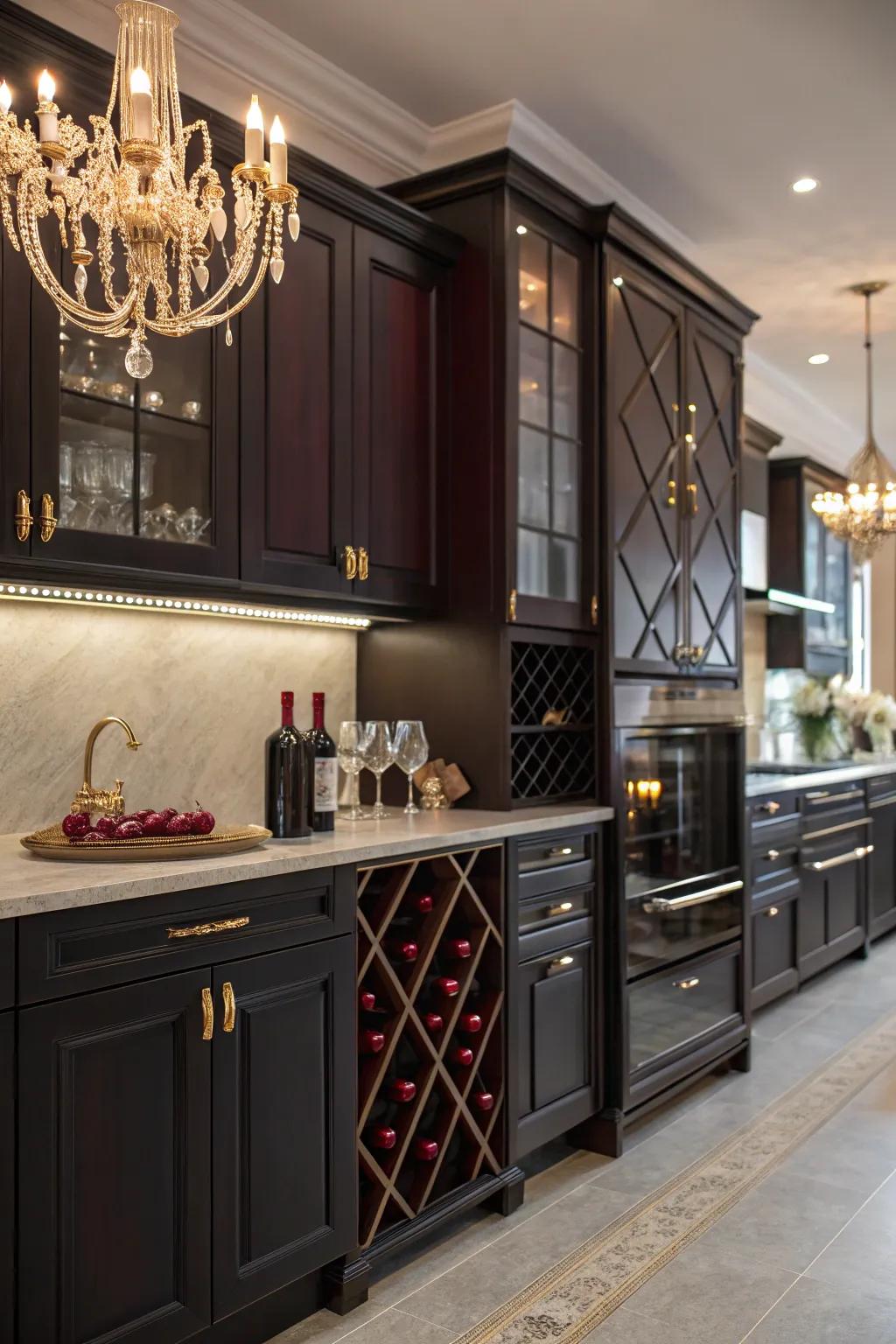 Dark cabinets paired with deep wine hues for a luxurious kitchen ambiance.