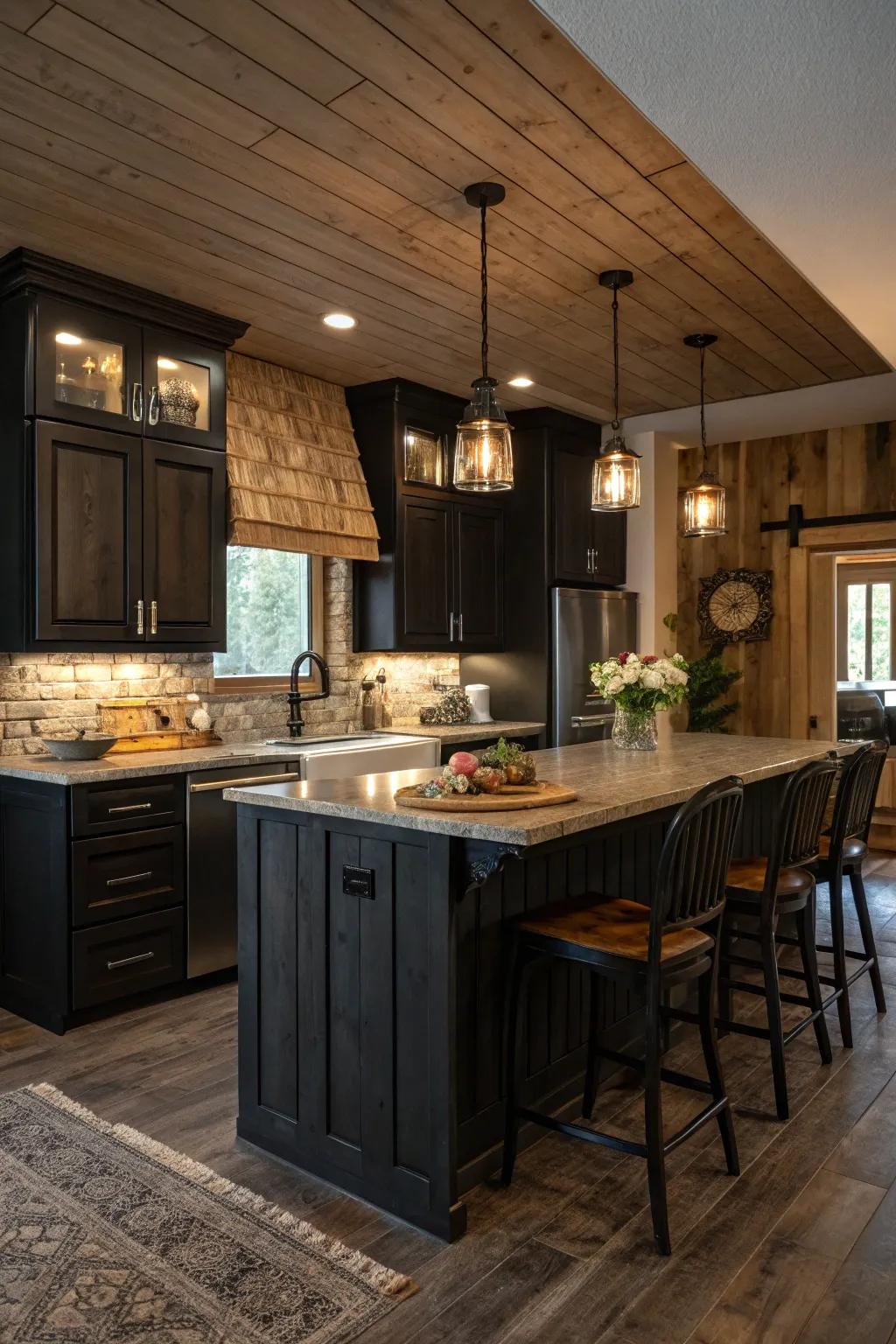 Dark cabinets combined with rustic wood textures for a warm kitchen feel.
