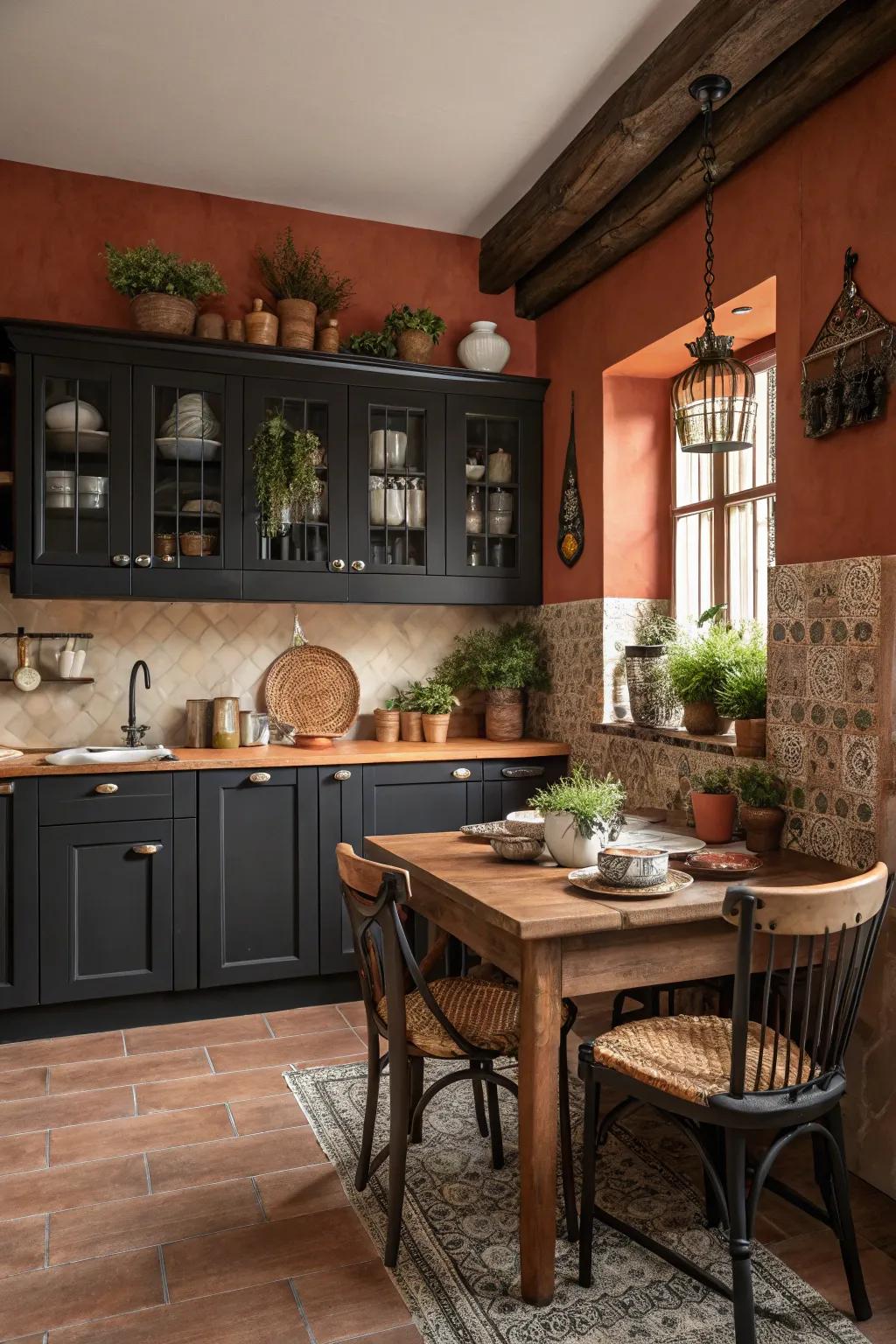 Dark cabinets set against terracotta walls for a cozy kitchen atmosphere.