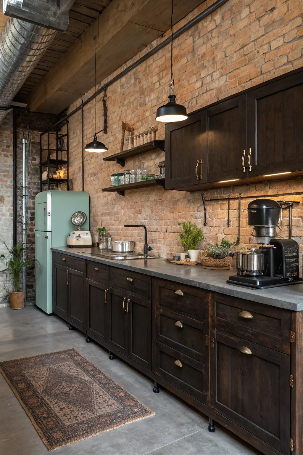 Industrial kitchen featuring dark cabinets and exposed brick walls for a modern vibe.