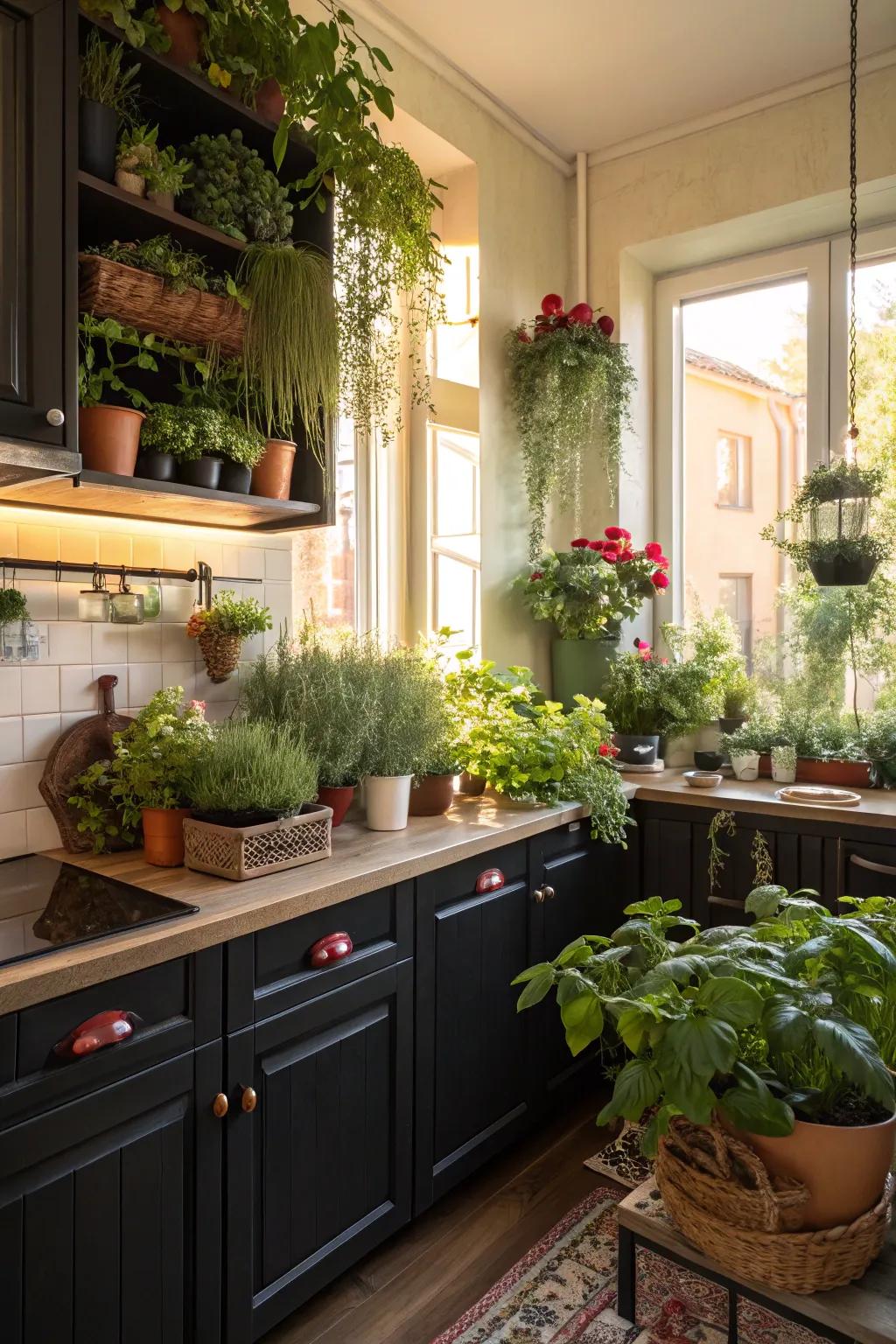 Dark cabinets brightened by vibrant plants for a lively kitchen atmosphere.