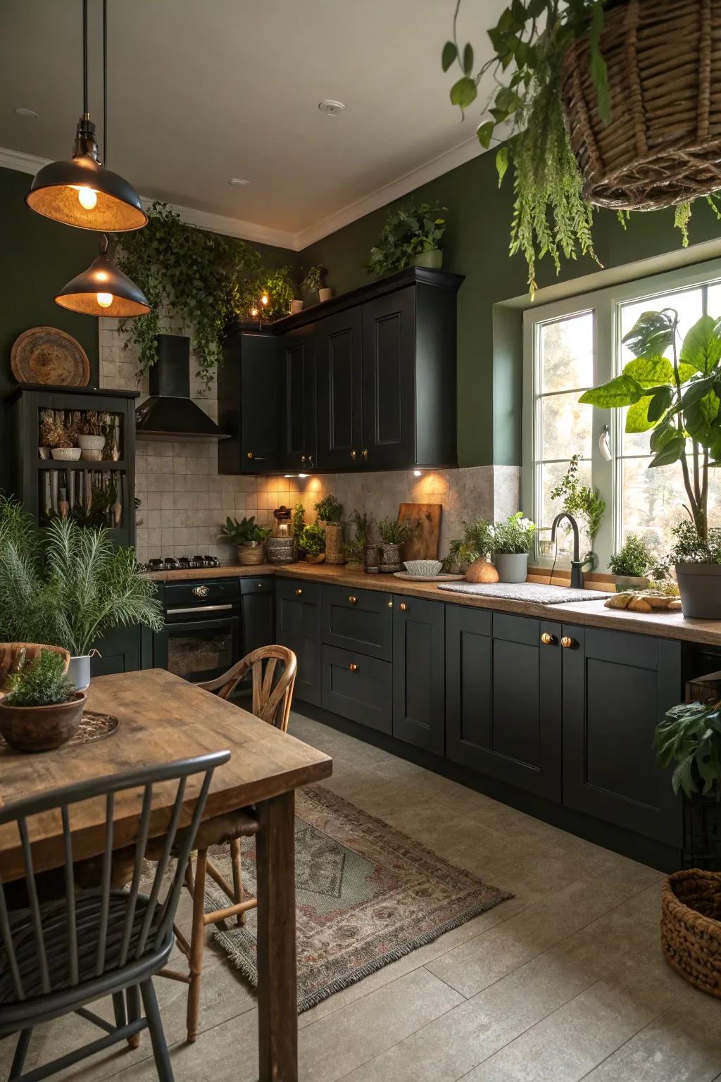 Dark cabinets paired with olive green walls for a calming, nature-inspired kitchen.
