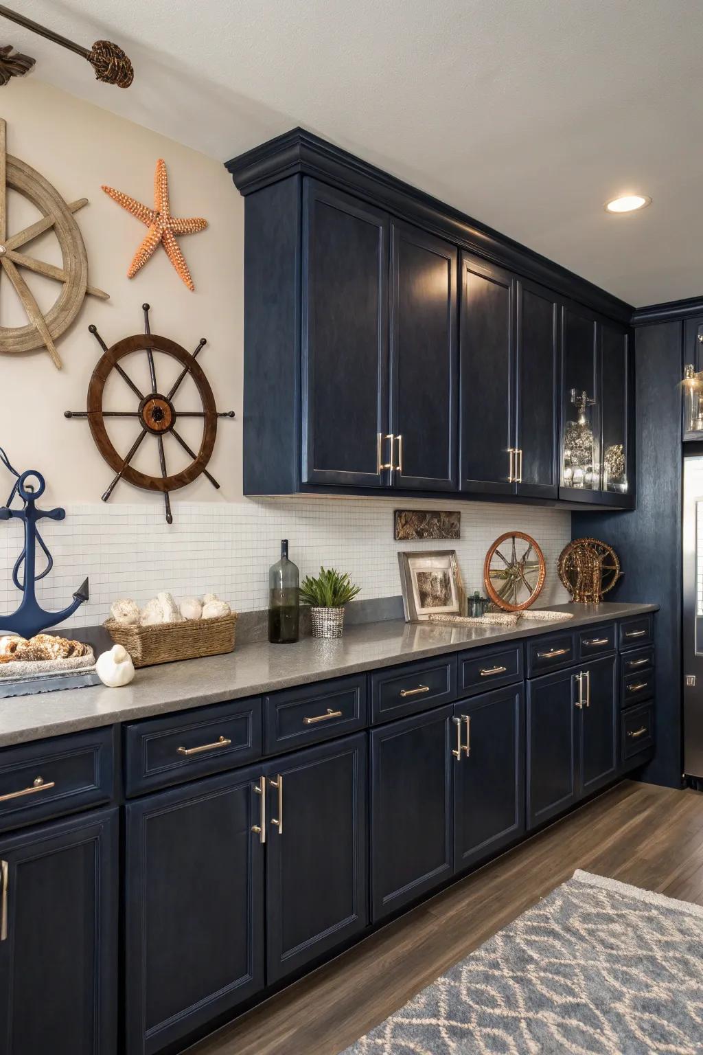 Kitchen with dark cabinets accented by navy blue for a nautical-inspired look.