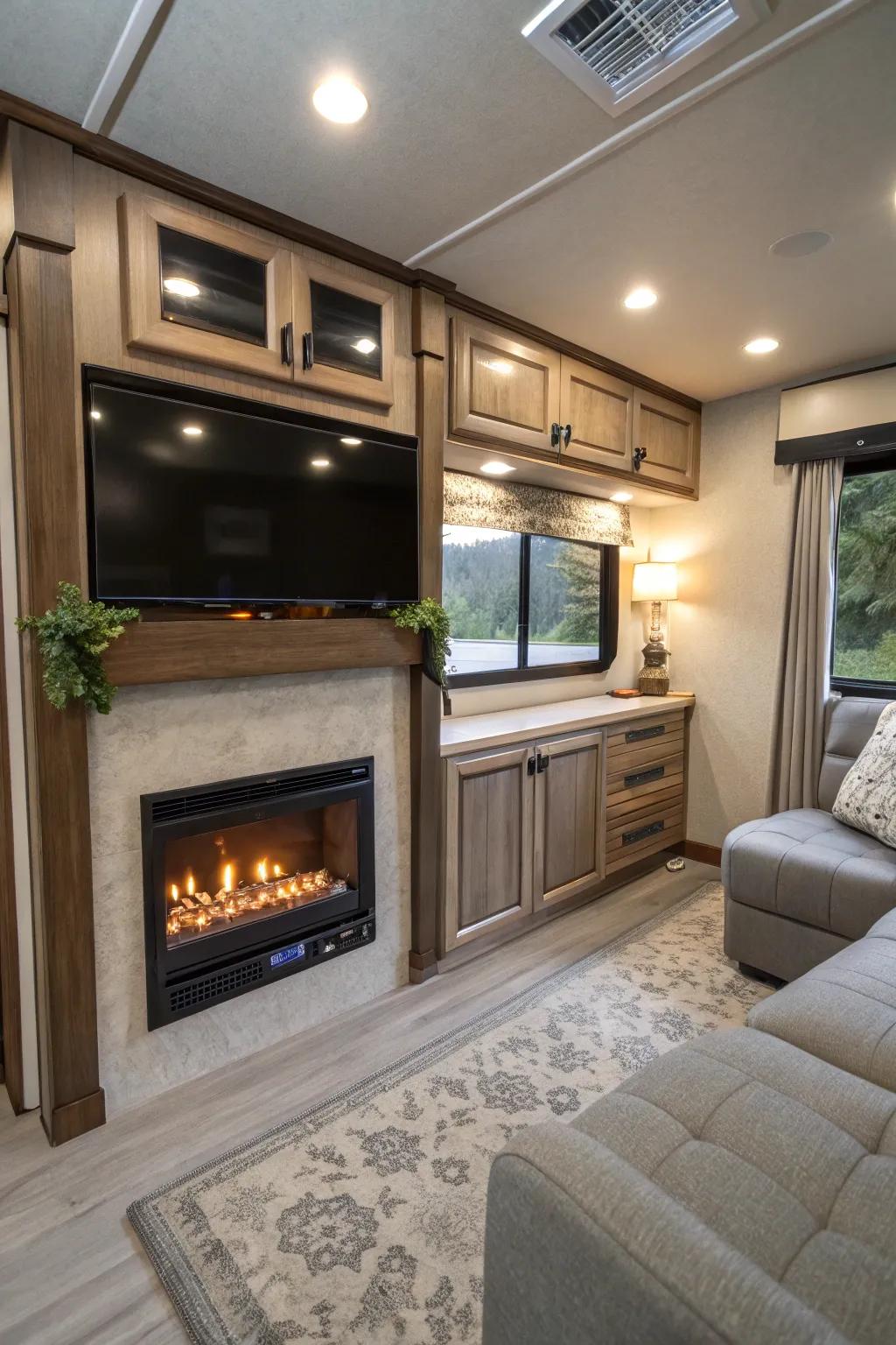 Fireplace seamlessly incorporated into an RV entertainment center.