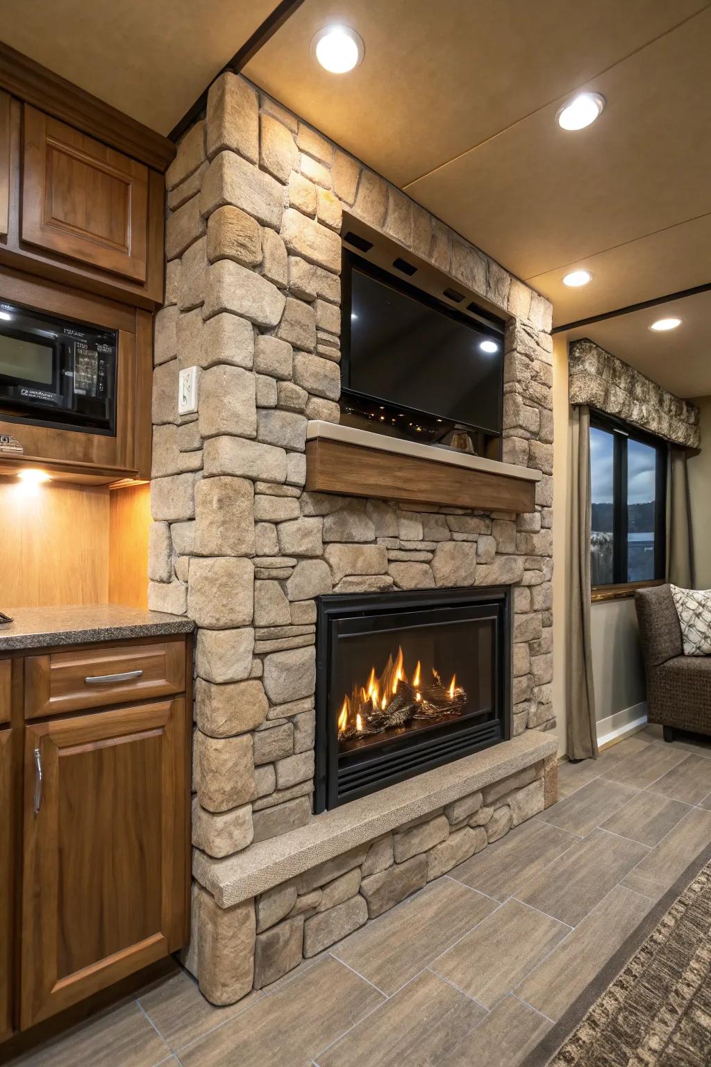 Stone accents bring rustic warmth and texture.