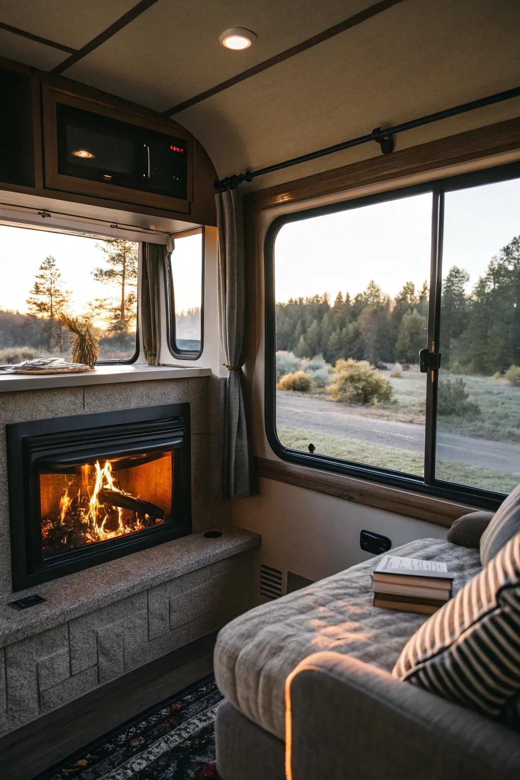 Natural light paired with a fireplace creates a welcoming atmosphere.