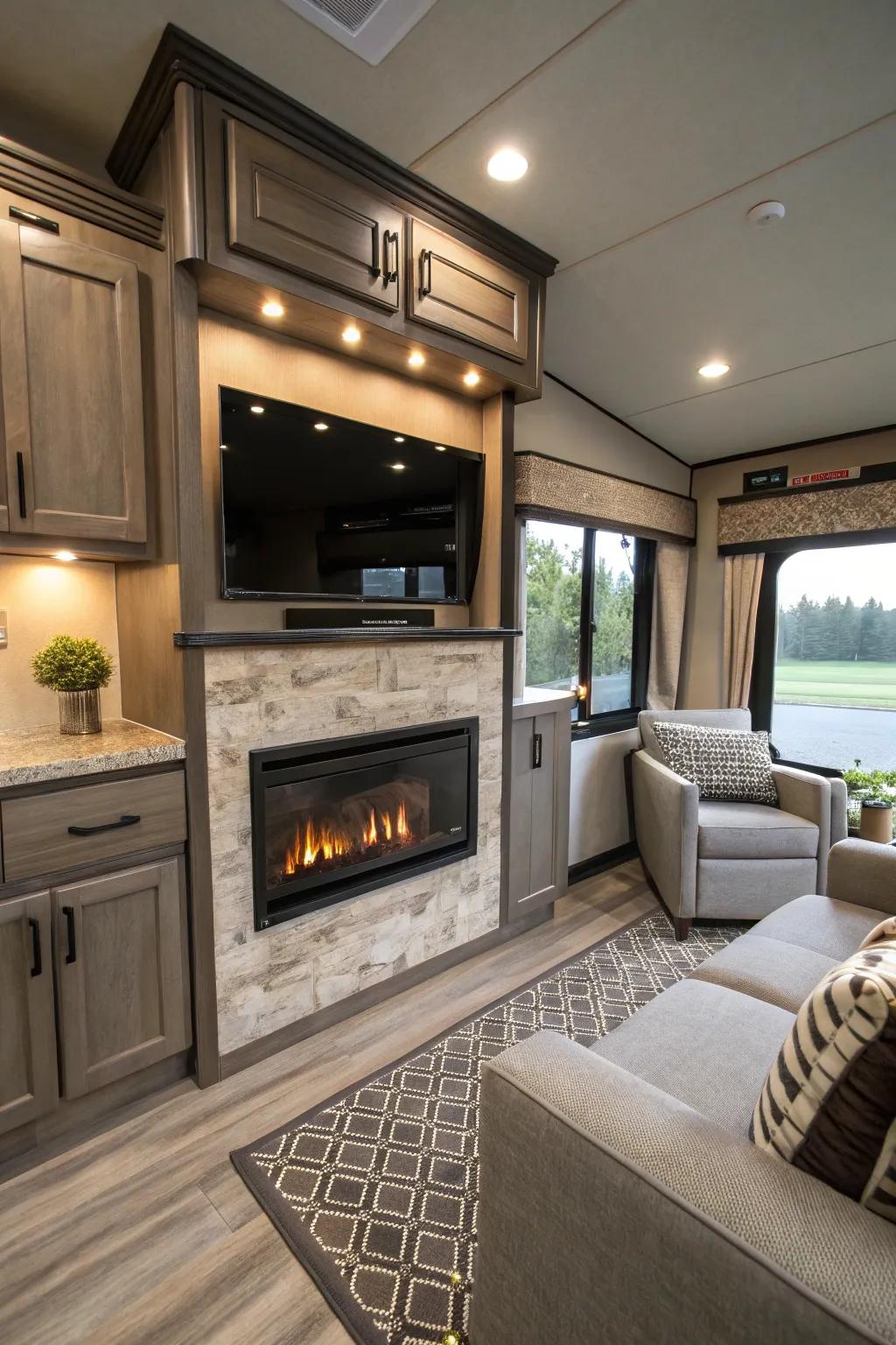 Multi-purpose furniture with integrated fireplace maximizes RV space.