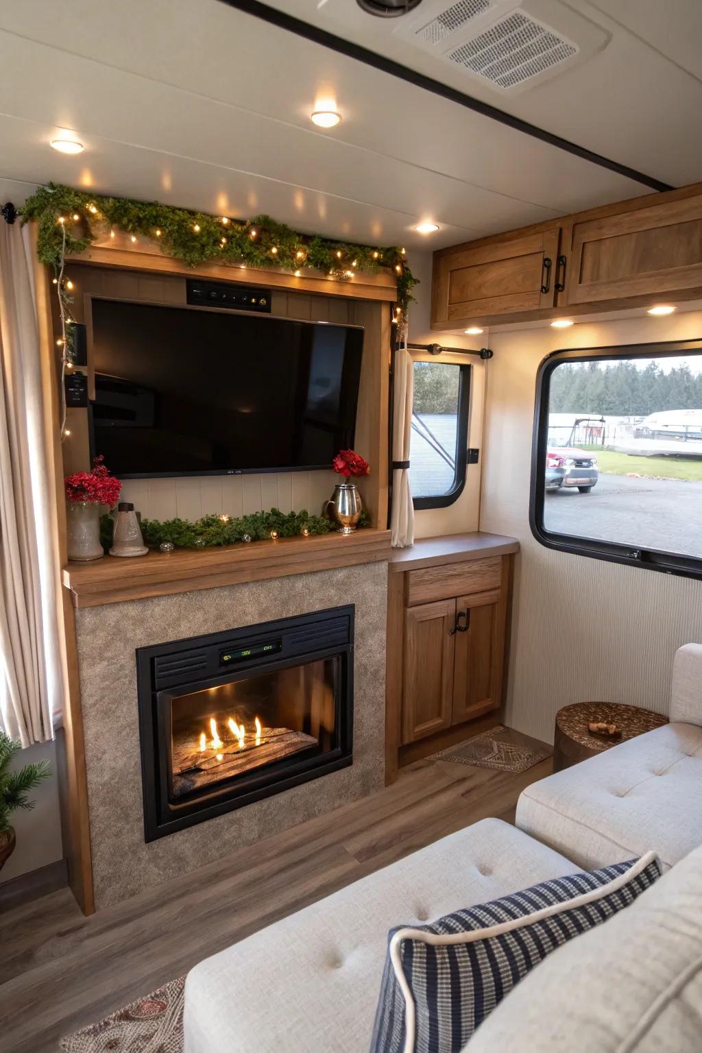 Entertainment and warmth combined in one RV setup.