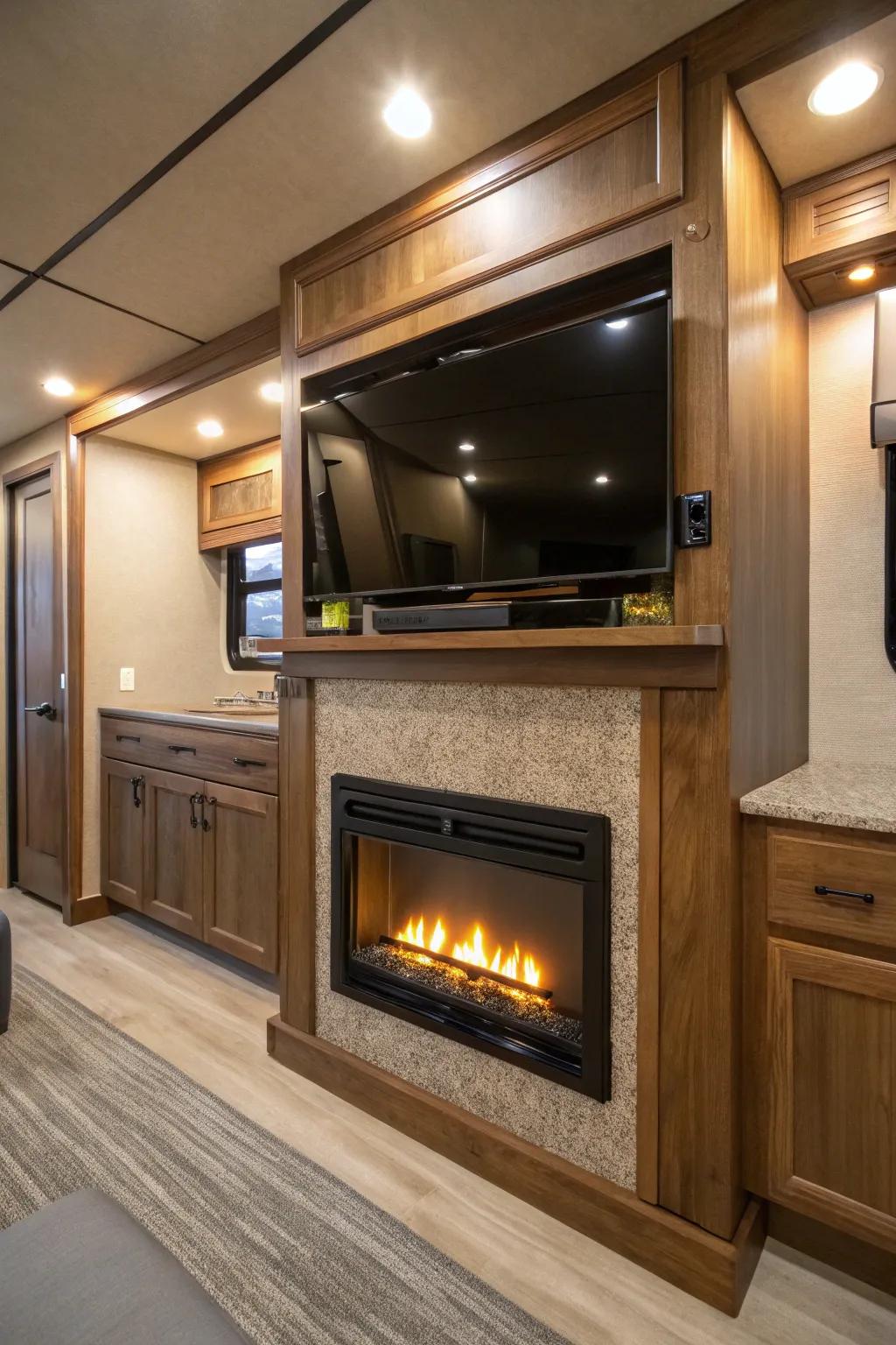 Hidden TV lifts maintain a clean fireplace aesthetic.