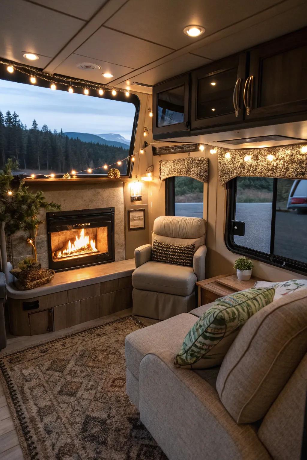 Comfortable seating areas create a welcoming fireplace environment.