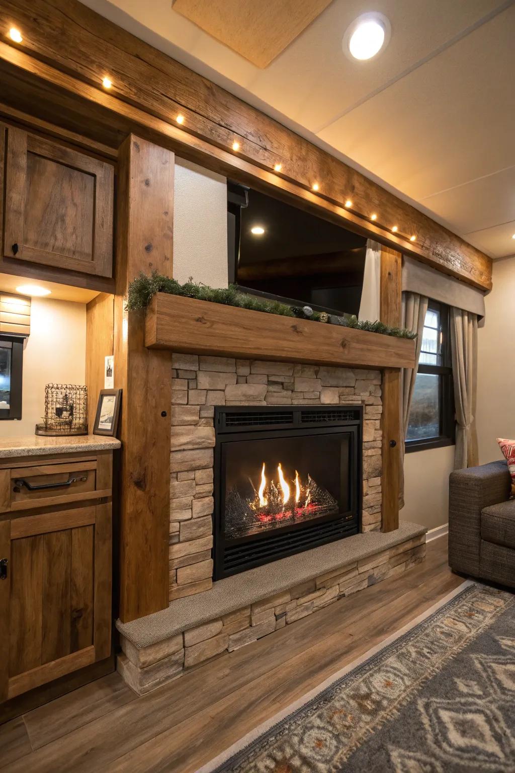 Wooden beam mantels bring rustic elegance to fireplaces.