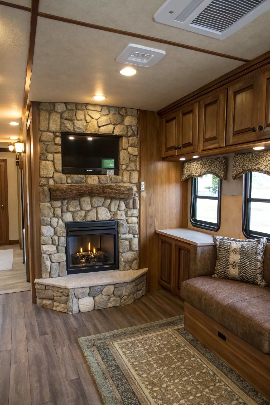 Rustic fireplaces with wood and stone finishes add warmth.