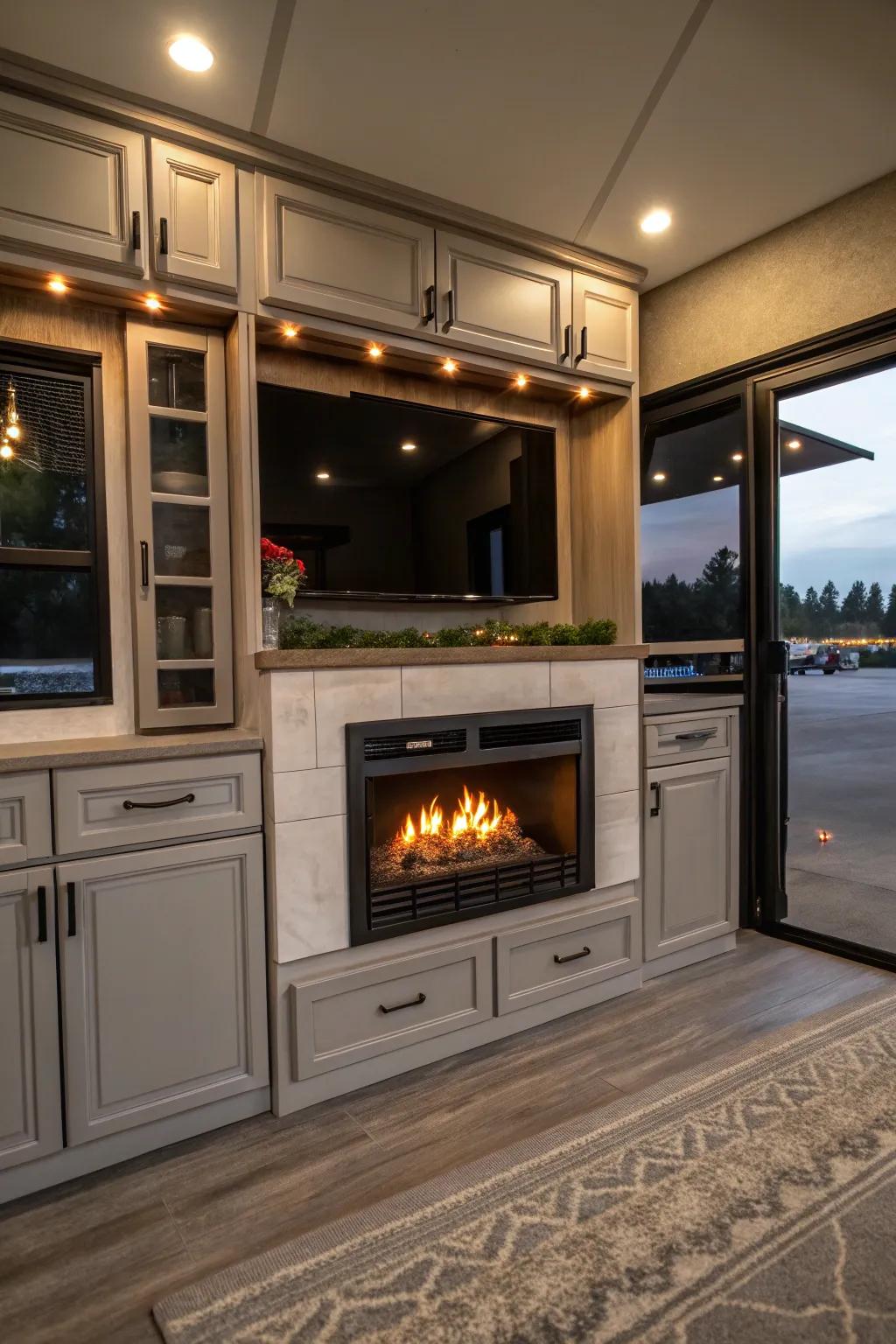 Fireplaces combined with storage solutions optimize RV space.
