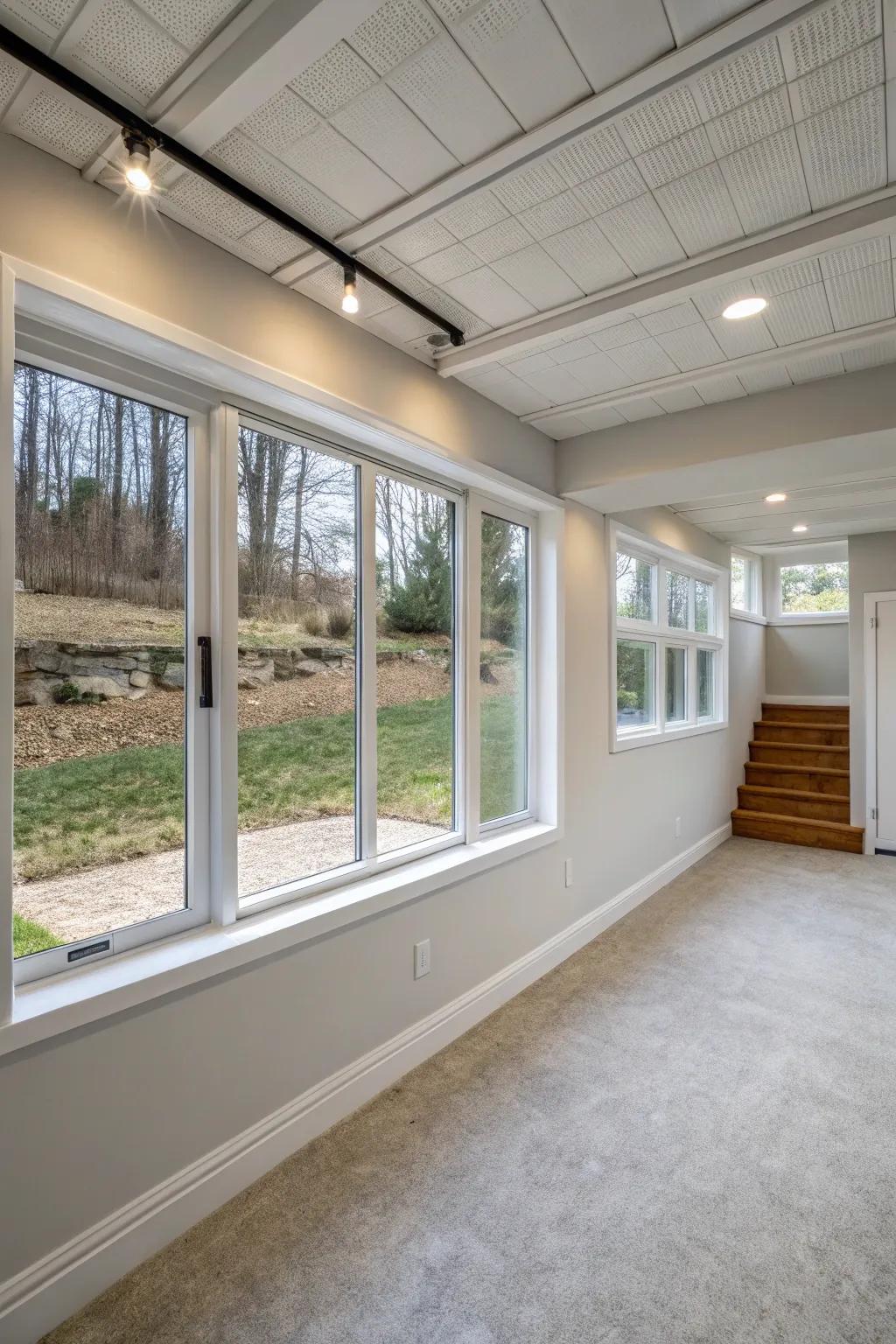 Egress windows brighten basements and provide essential ventilation.