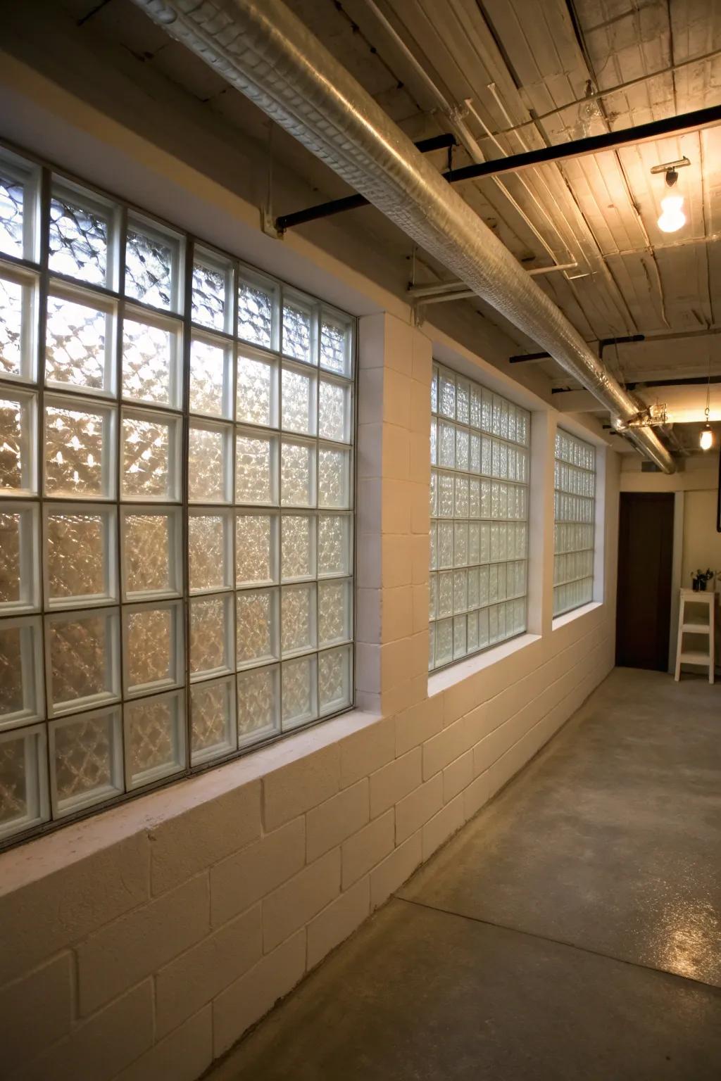 Glass block windows provide security while allowing light and ventilation.