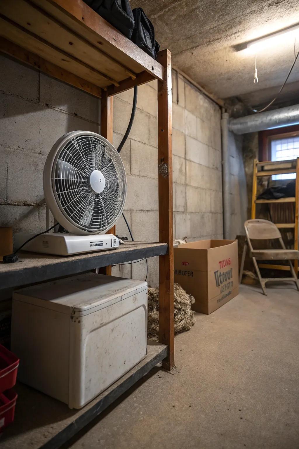Box fans provide flexible airflow solutions for various basement areas.