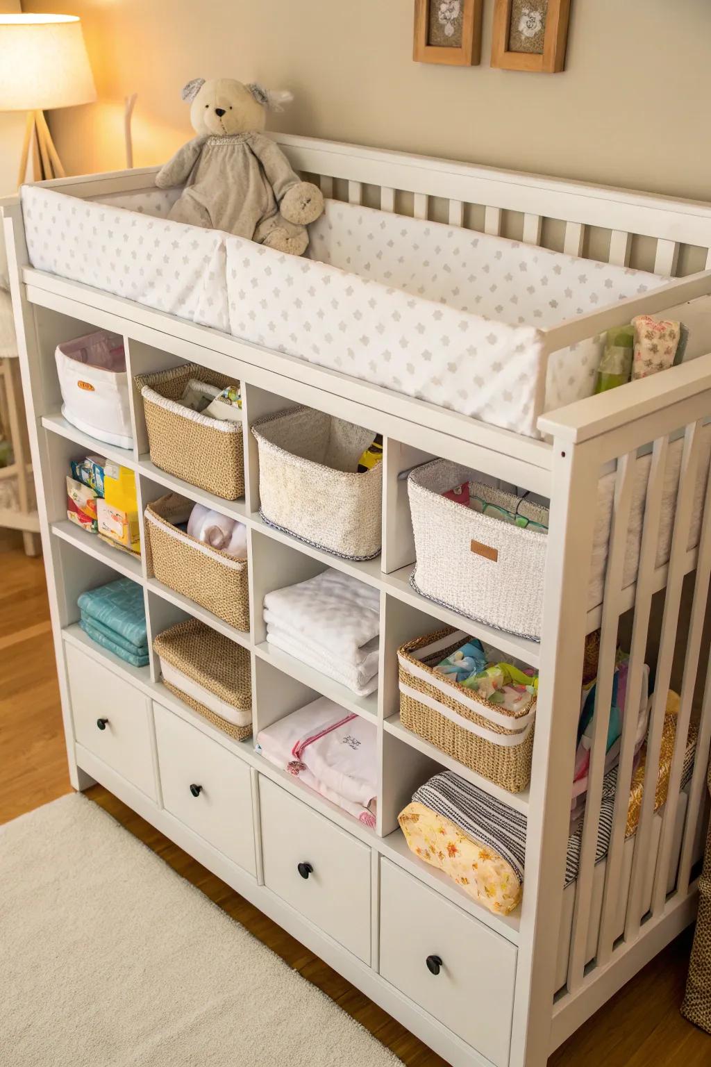 Crib featuring built-in drawers for extra storage in a compact nursery.