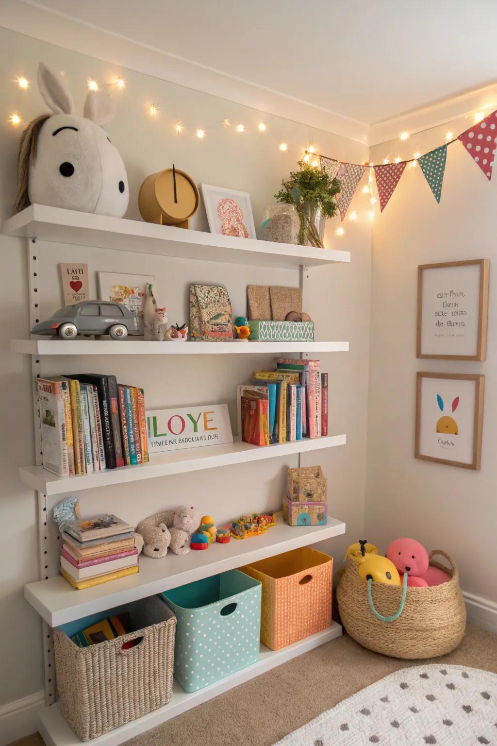 Corner shelves creatively used to enhance nursery storage and decor.