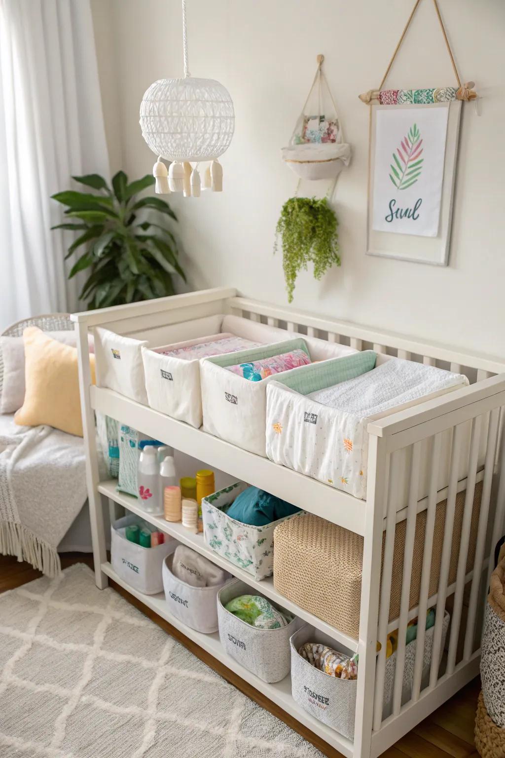 Storage bins neatly tucked under the crib for extra nursery organization.
