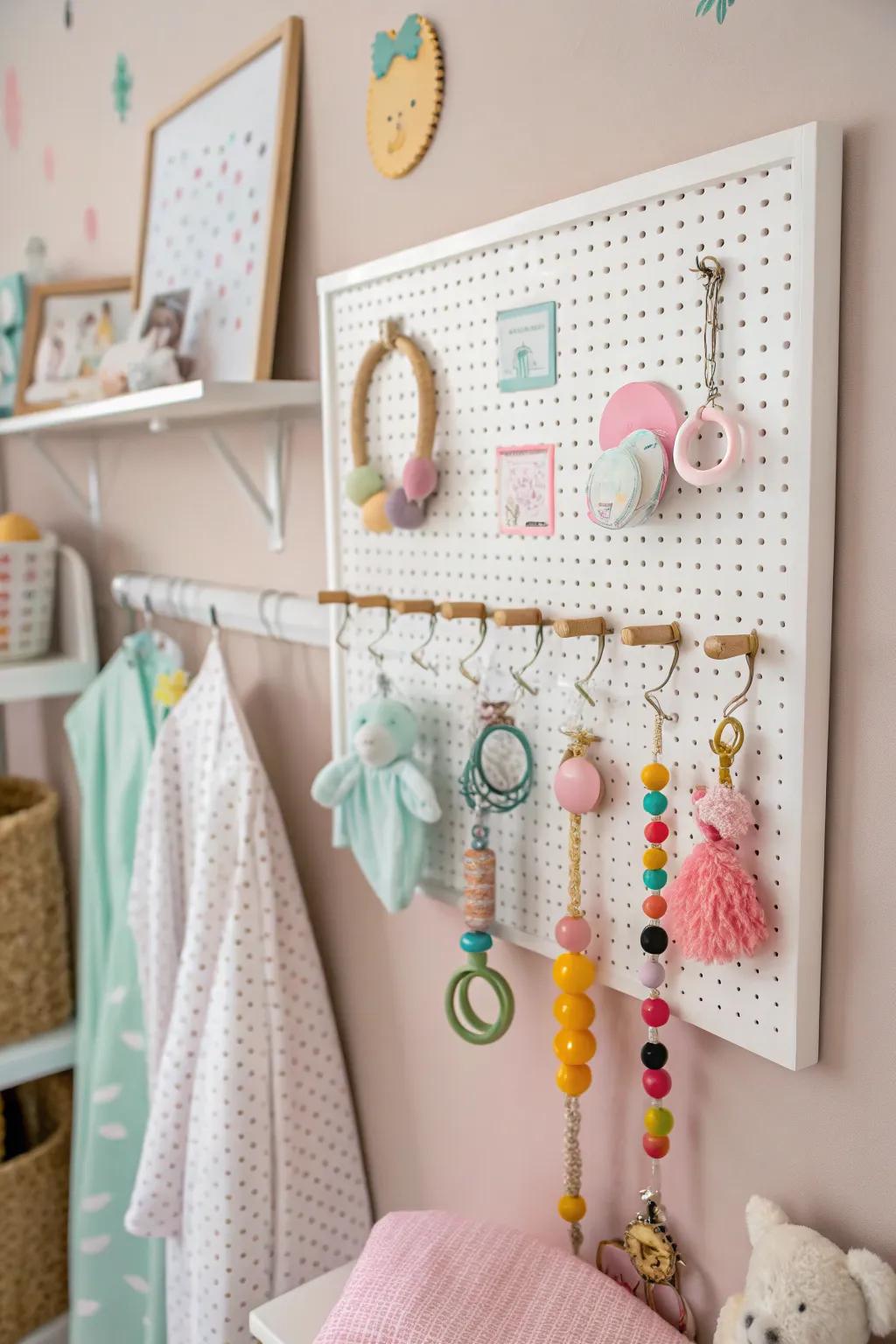Pegboard system used for organizing and displaying baby accessories.