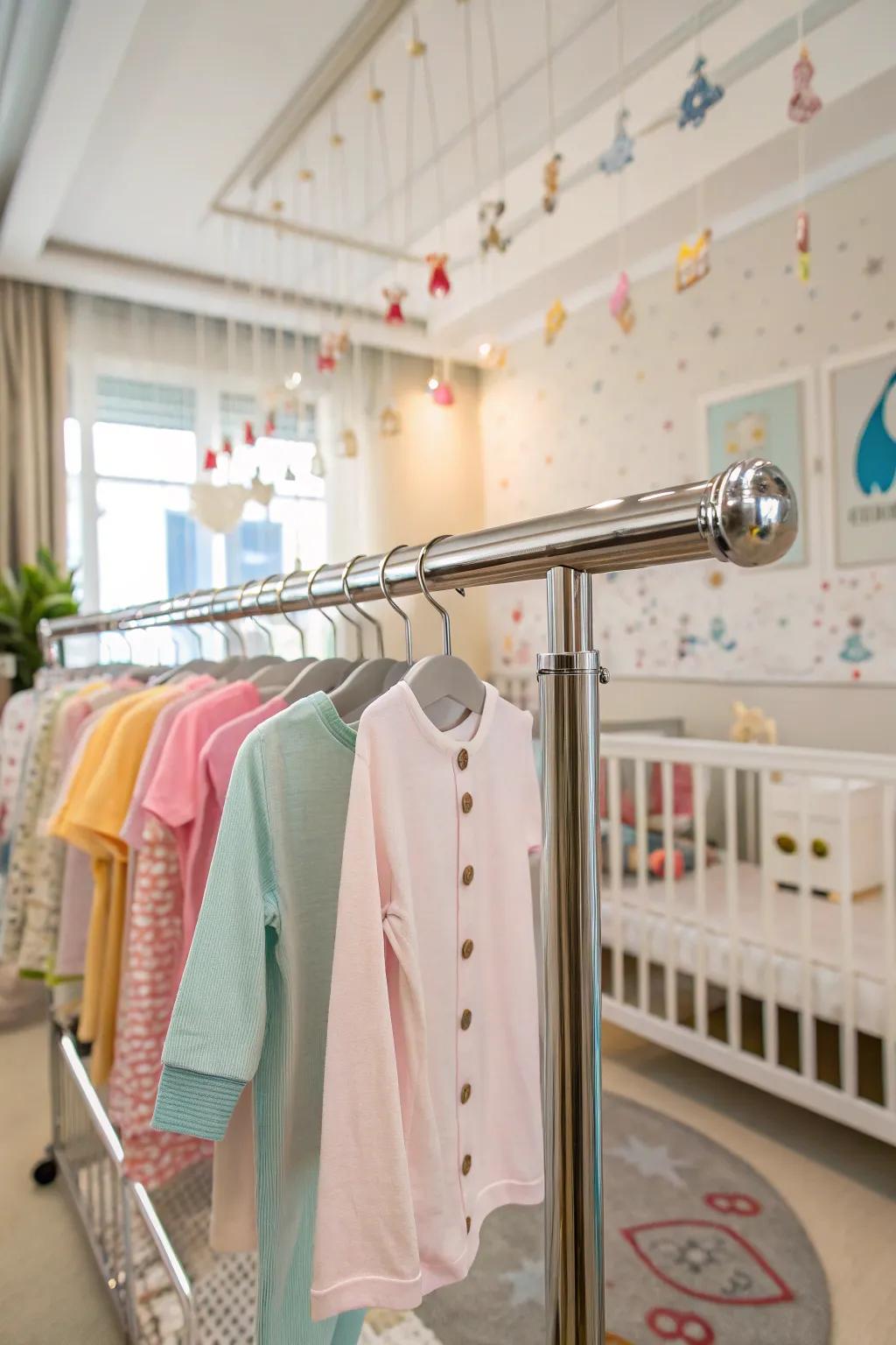 Hanging rods used in small nursery spaces to display baby clothes.
