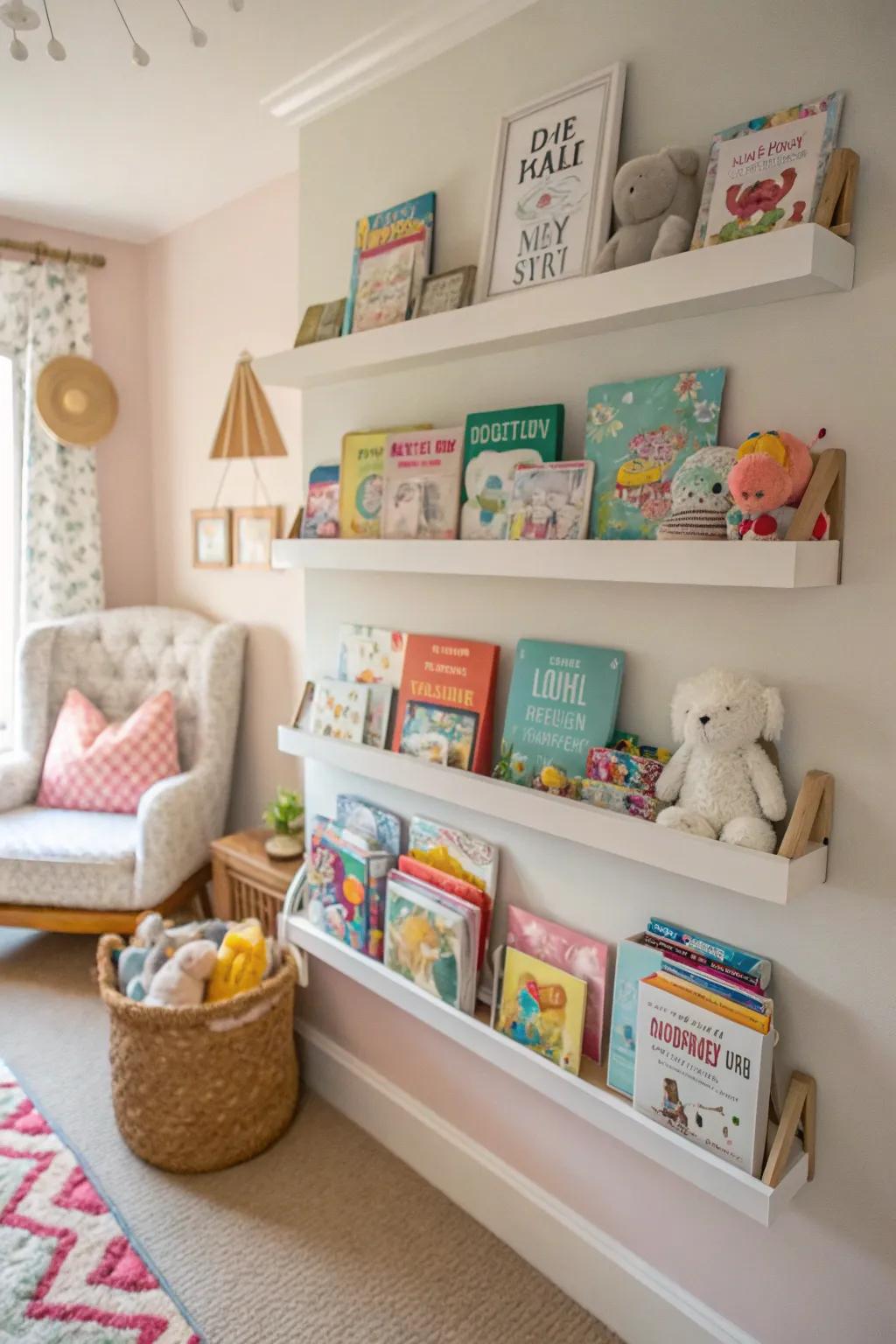 Floating shelves mounted on nursery walls for books and decor.