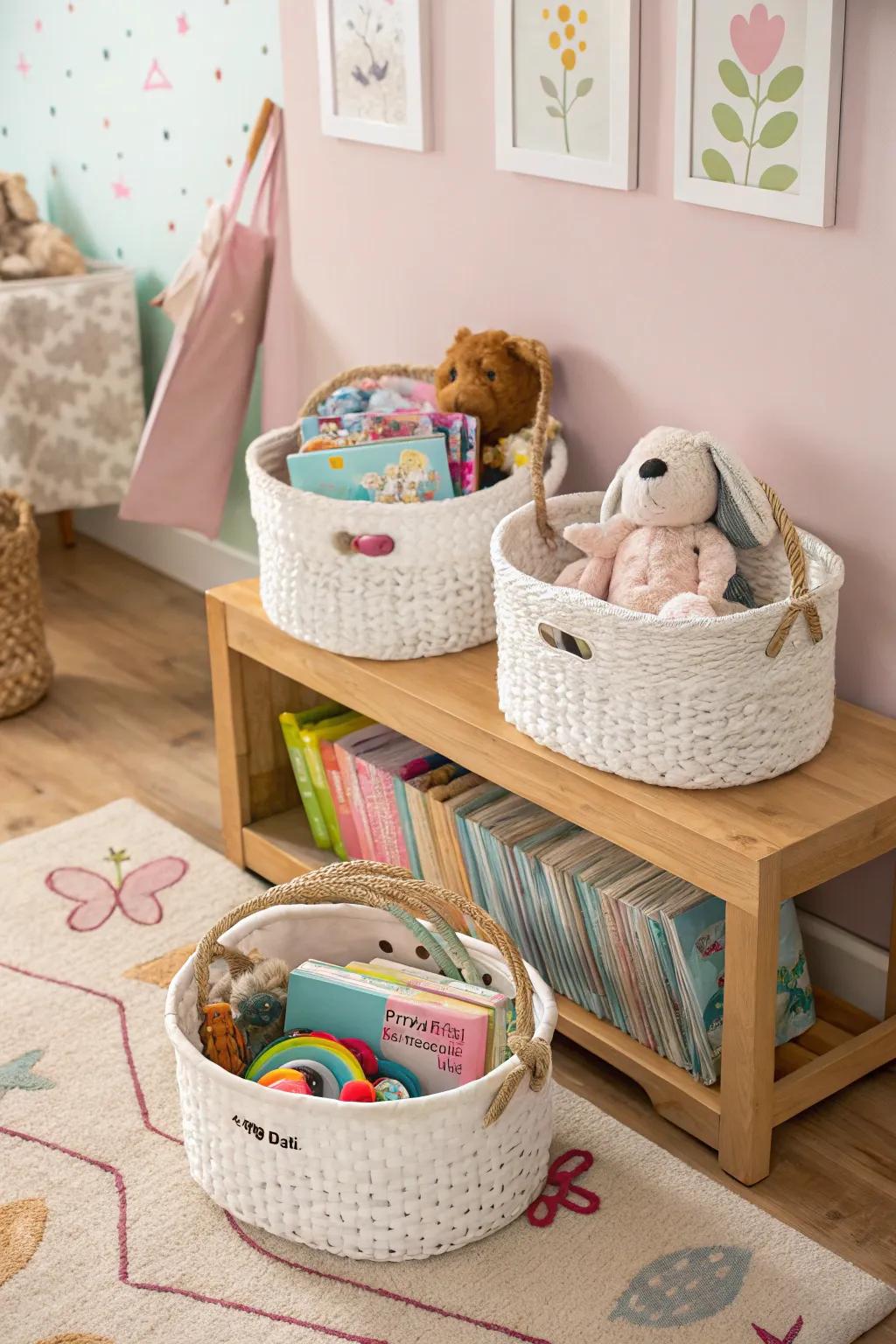 Decorative baskets used for stylish nursery storage of toys and essentials.