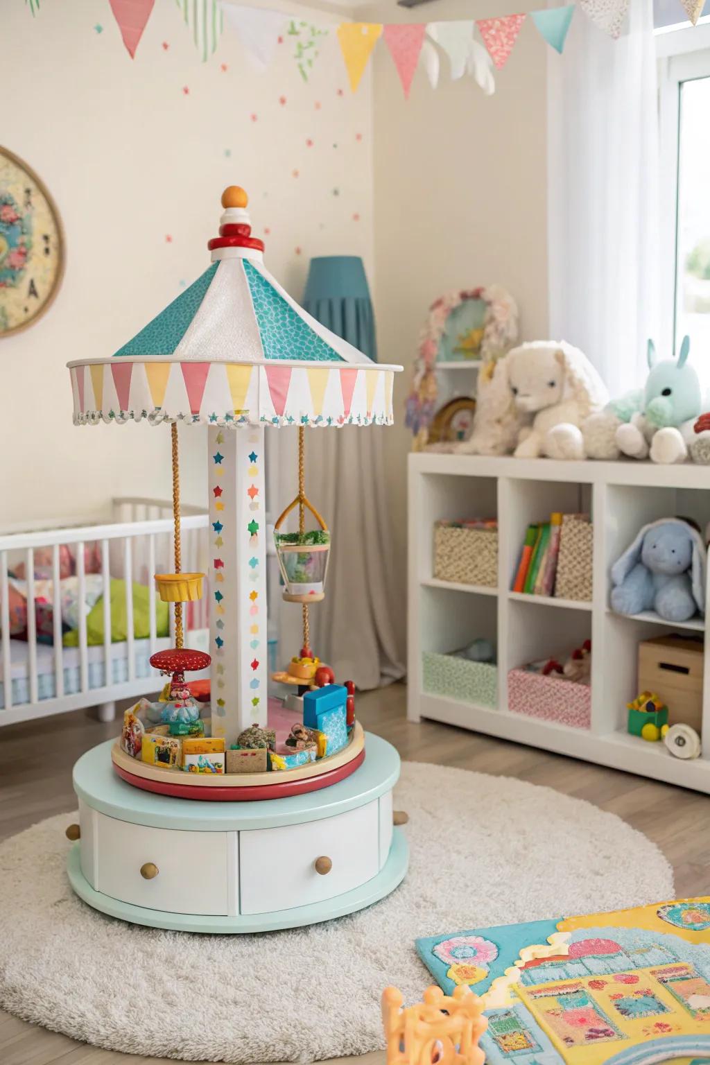 Rotating toy carousel that keeps toys organized and accessible.