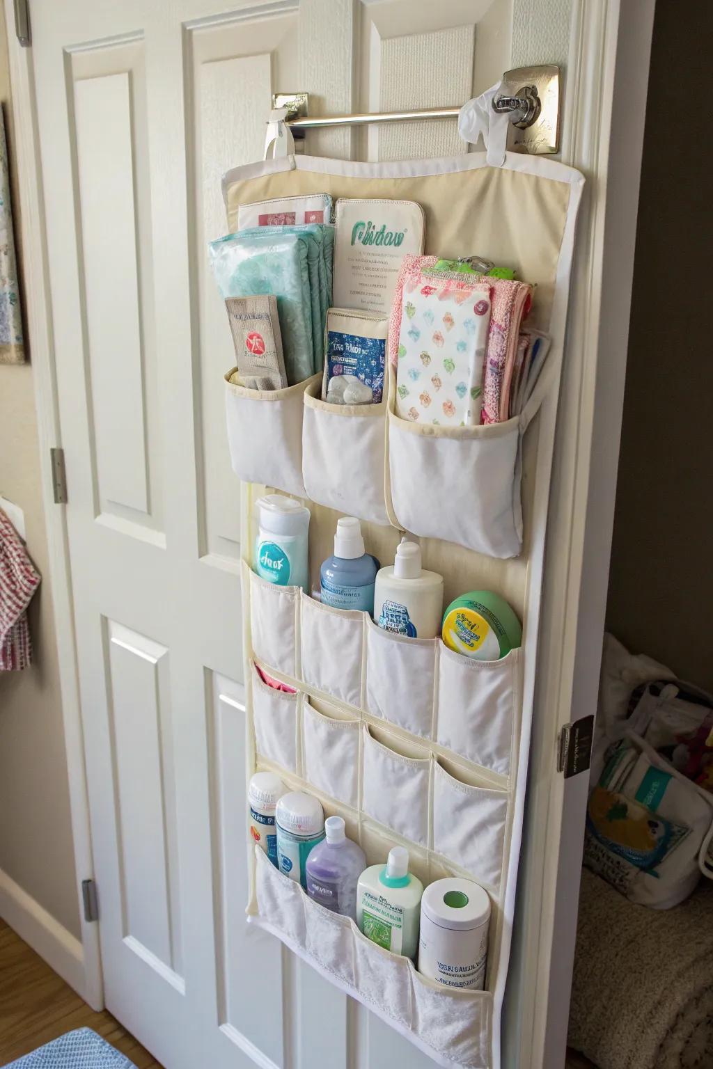 Over-the-door organizer hanging on nursery door for baby essentials.