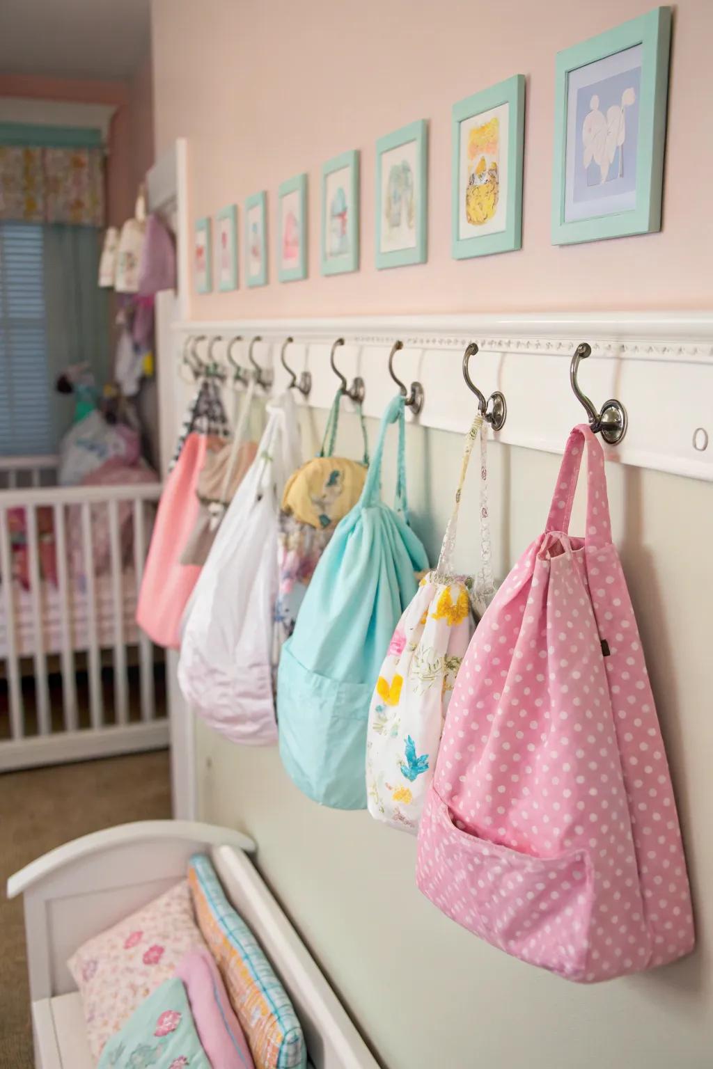 Wall-mounted hooks used for hanging diaper bags and coats in a nursery.