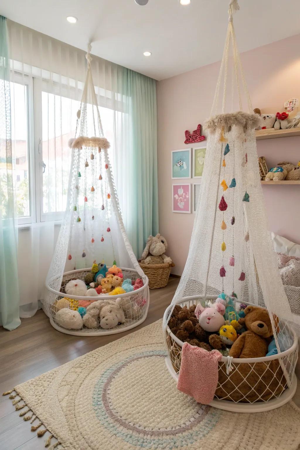 Ceiling-hung nets used to store stuffed animals in a nursery.