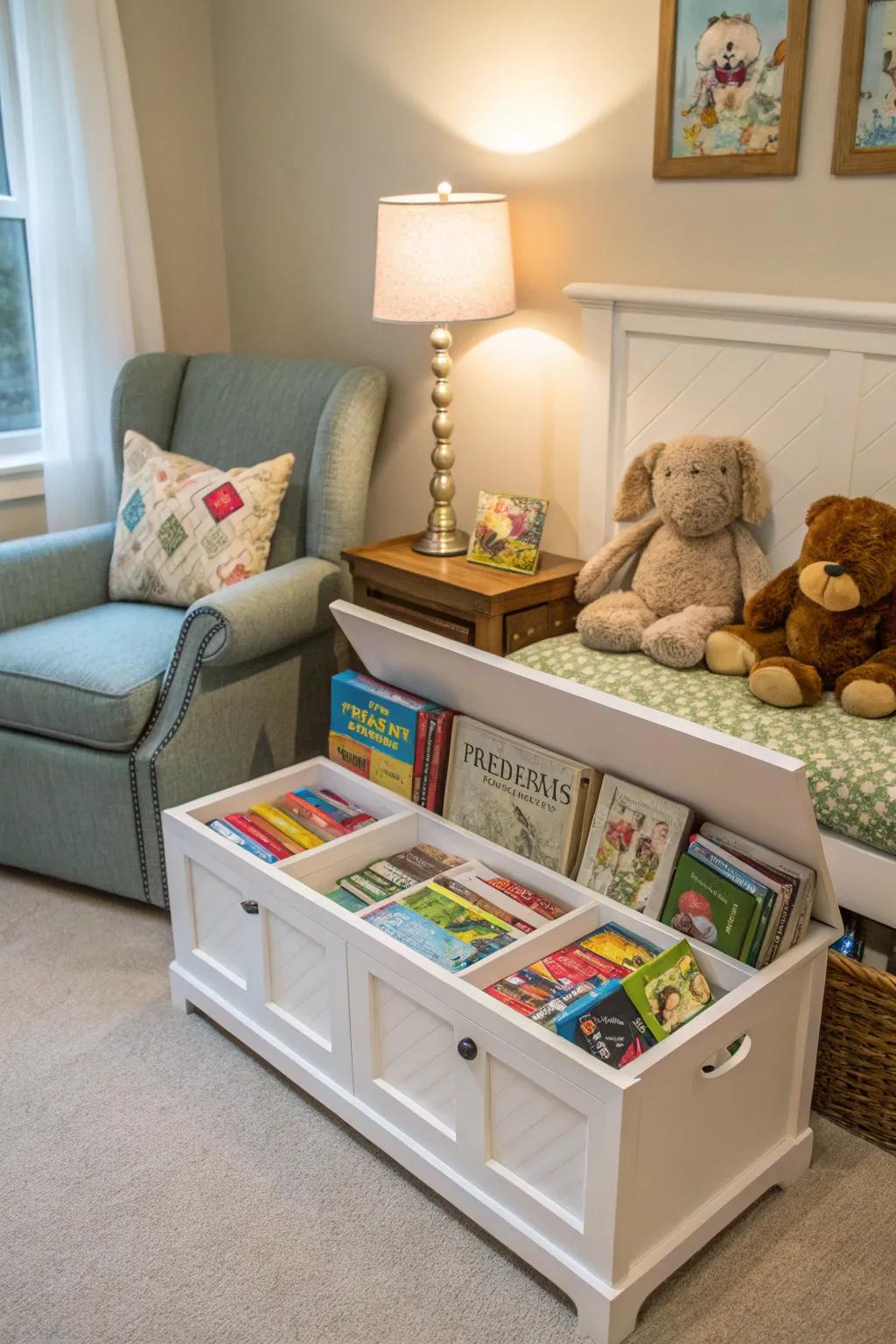 Reading nook featuring a storage bench for books and toys in a nursery.