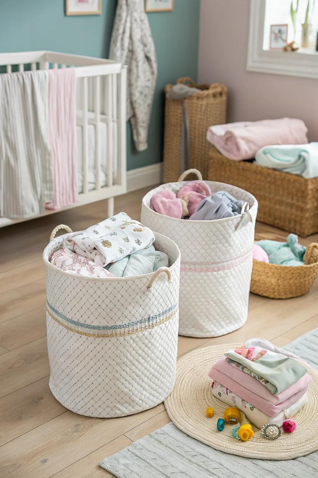 Elegant hampers that blend with nursery decor while hiding laundry.