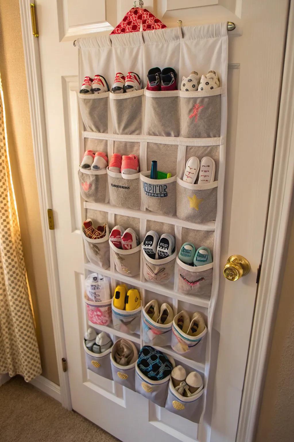 Shoe organizer repurposed for storing baby essentials behind closet door.