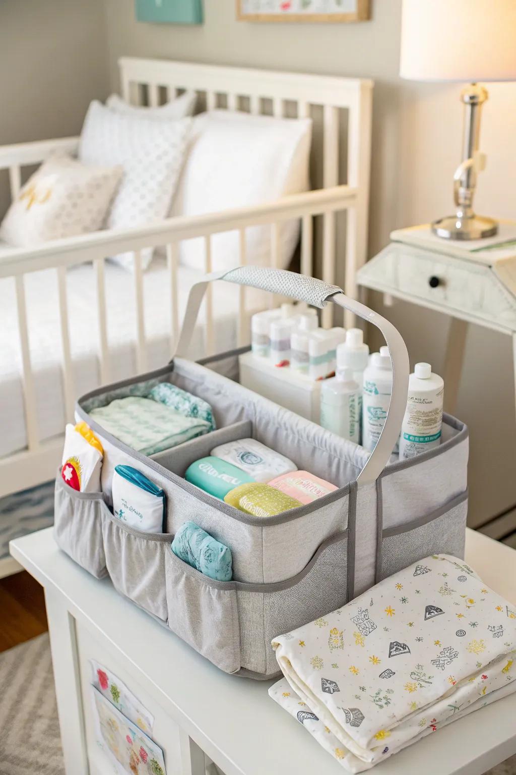 Compact diaper caddy for quick and easy diaper changes anywhere.