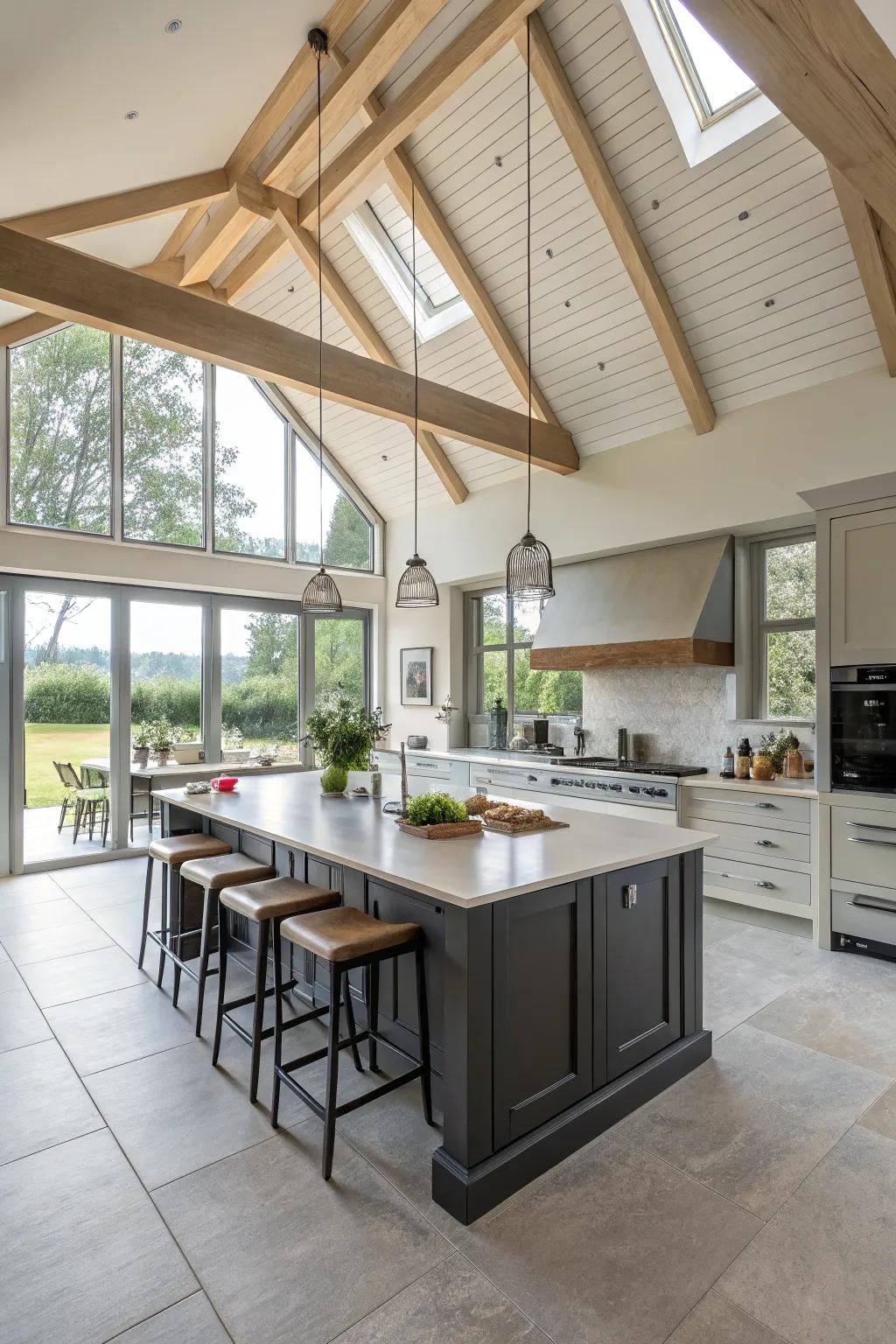 Central kitchen island under vaulted ceiling