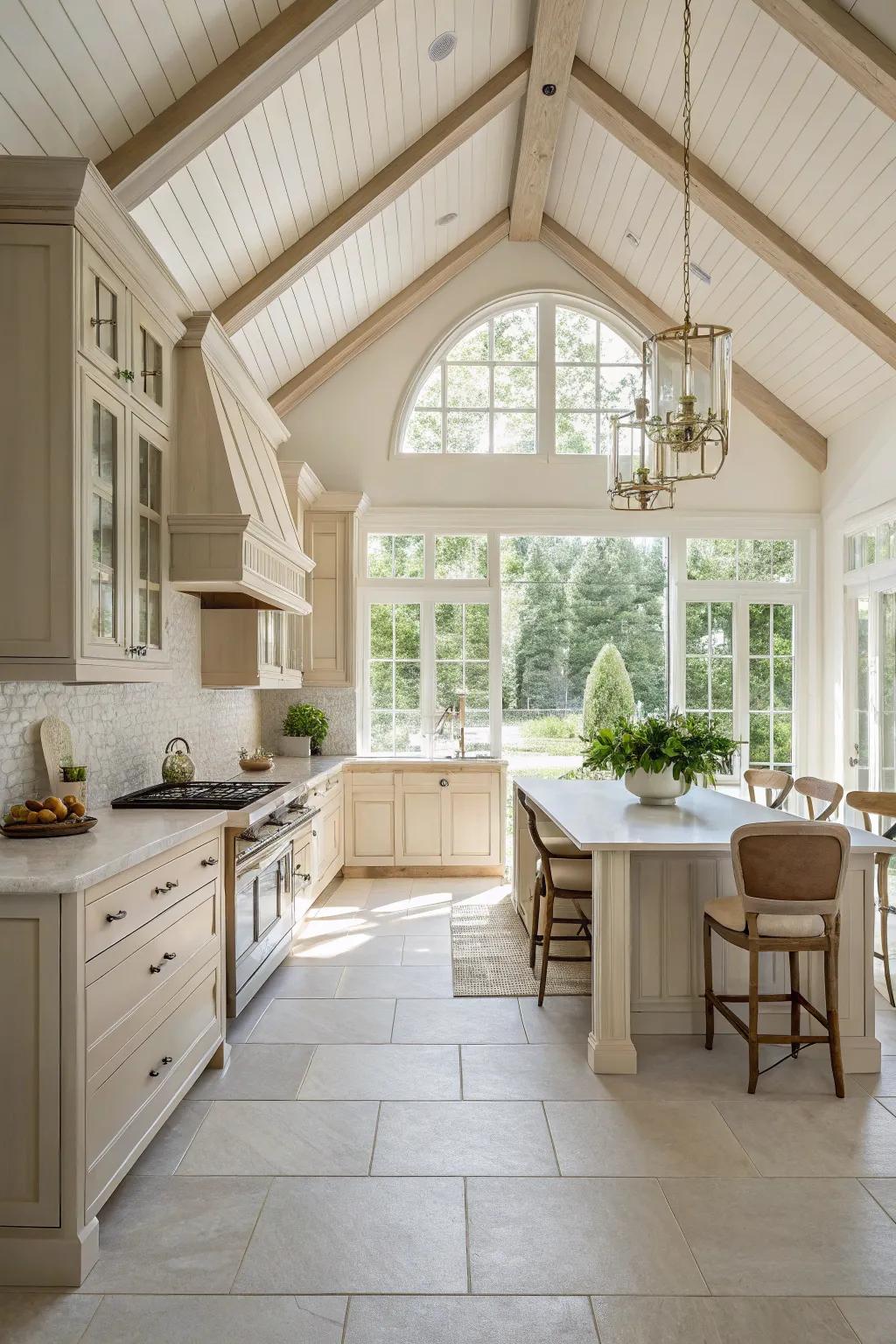 Serene kitchen with neutral color palette and vaulted ceiling