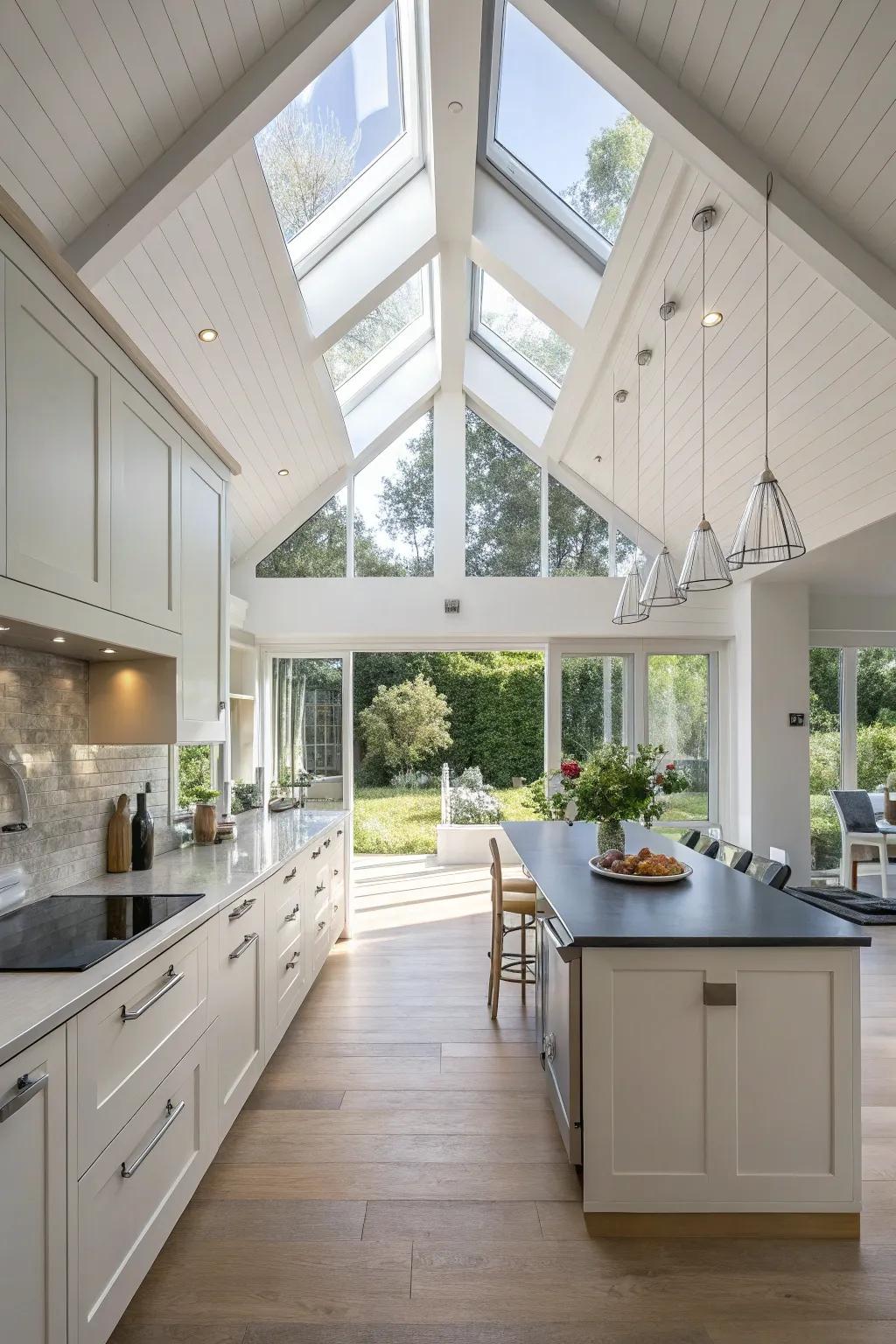 Clerestory windows illuminating vaulted ceiling kitchen