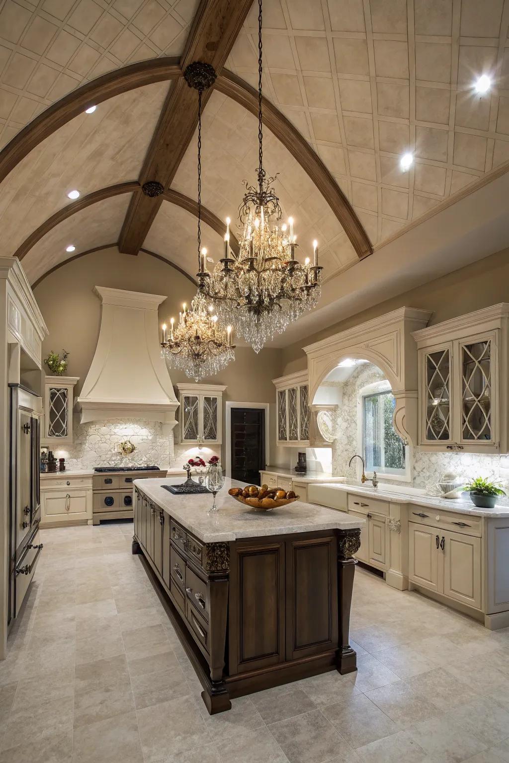 Elegant chandelier accentuating vaulted ceiling kitchen