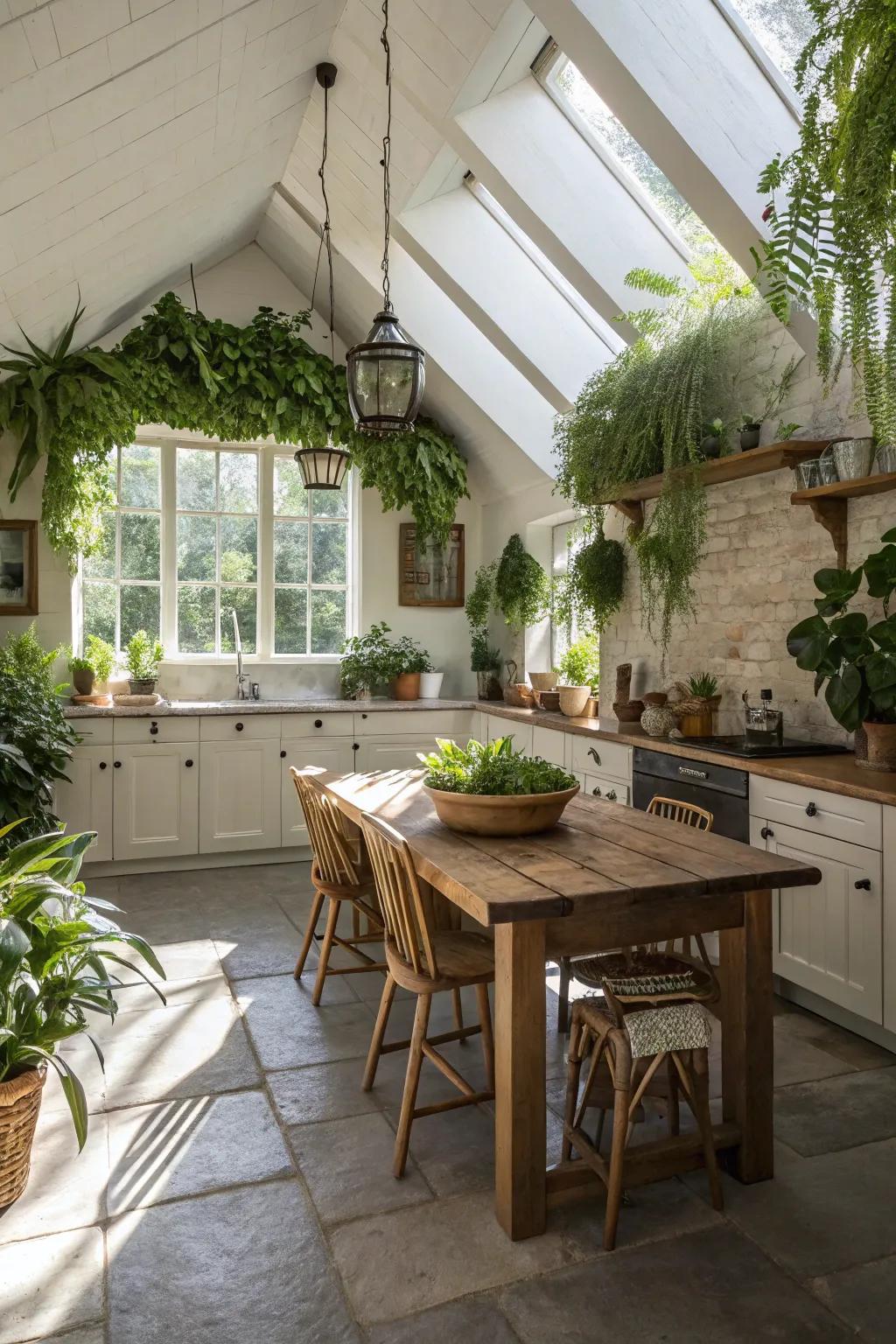 Indoor plants freshen vaulted ceiling kitchen