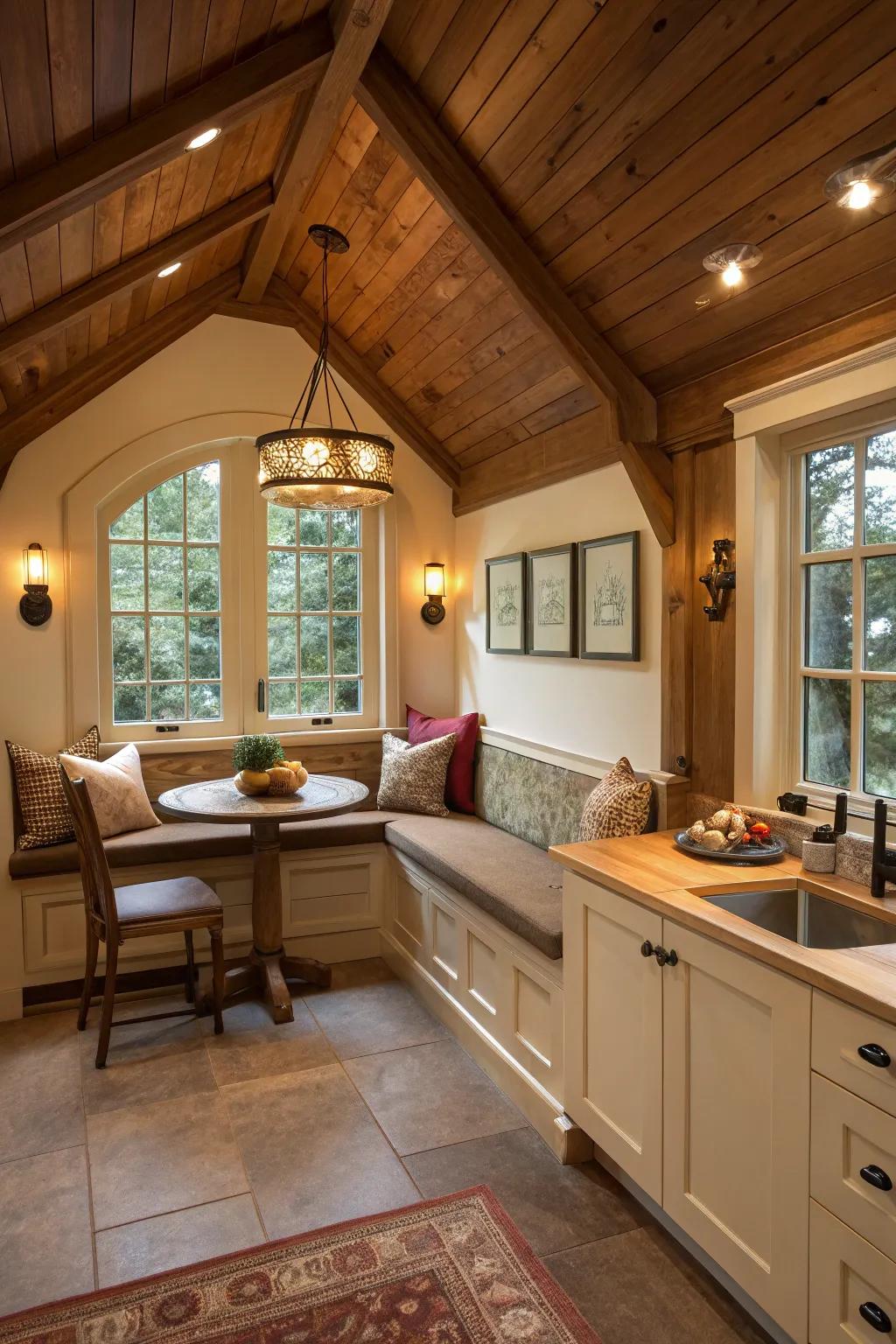 Inviting cozy nook in vaulted ceiling kitchen