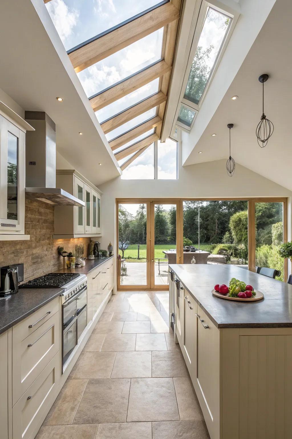 Skylights brighten vaulted ceiling kitchen
