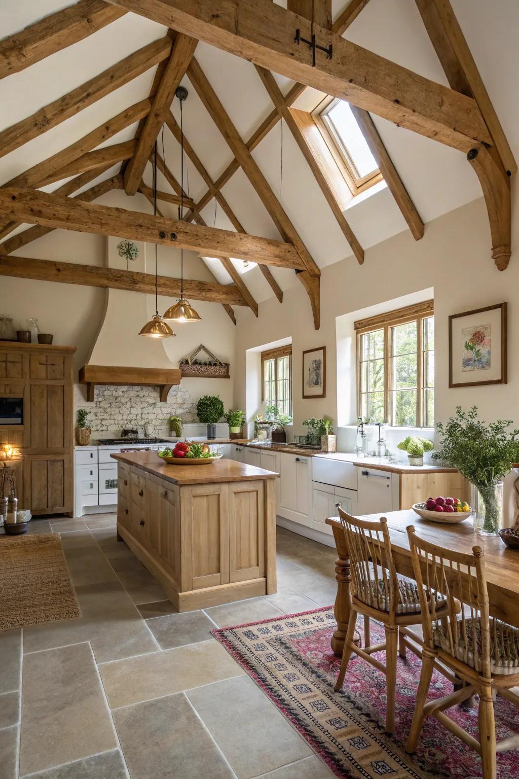 Rustic exposed beams in vaulted ceiling kitchen
