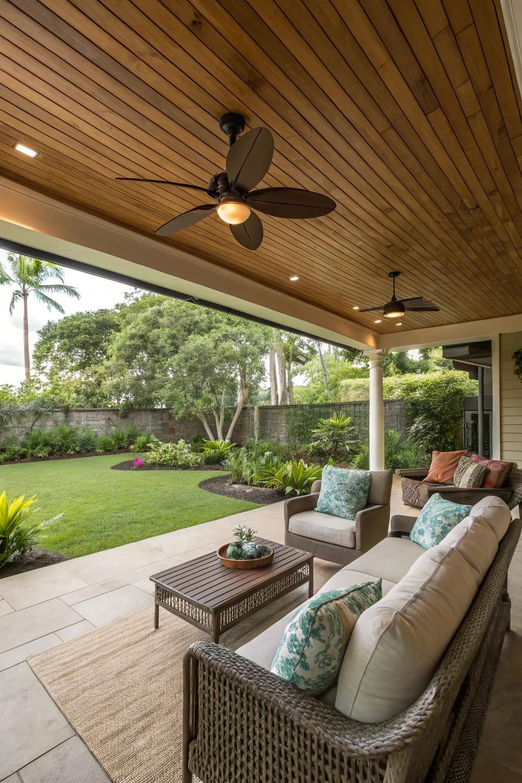 Ceiling fan providing refreshing airflow in a lanai.