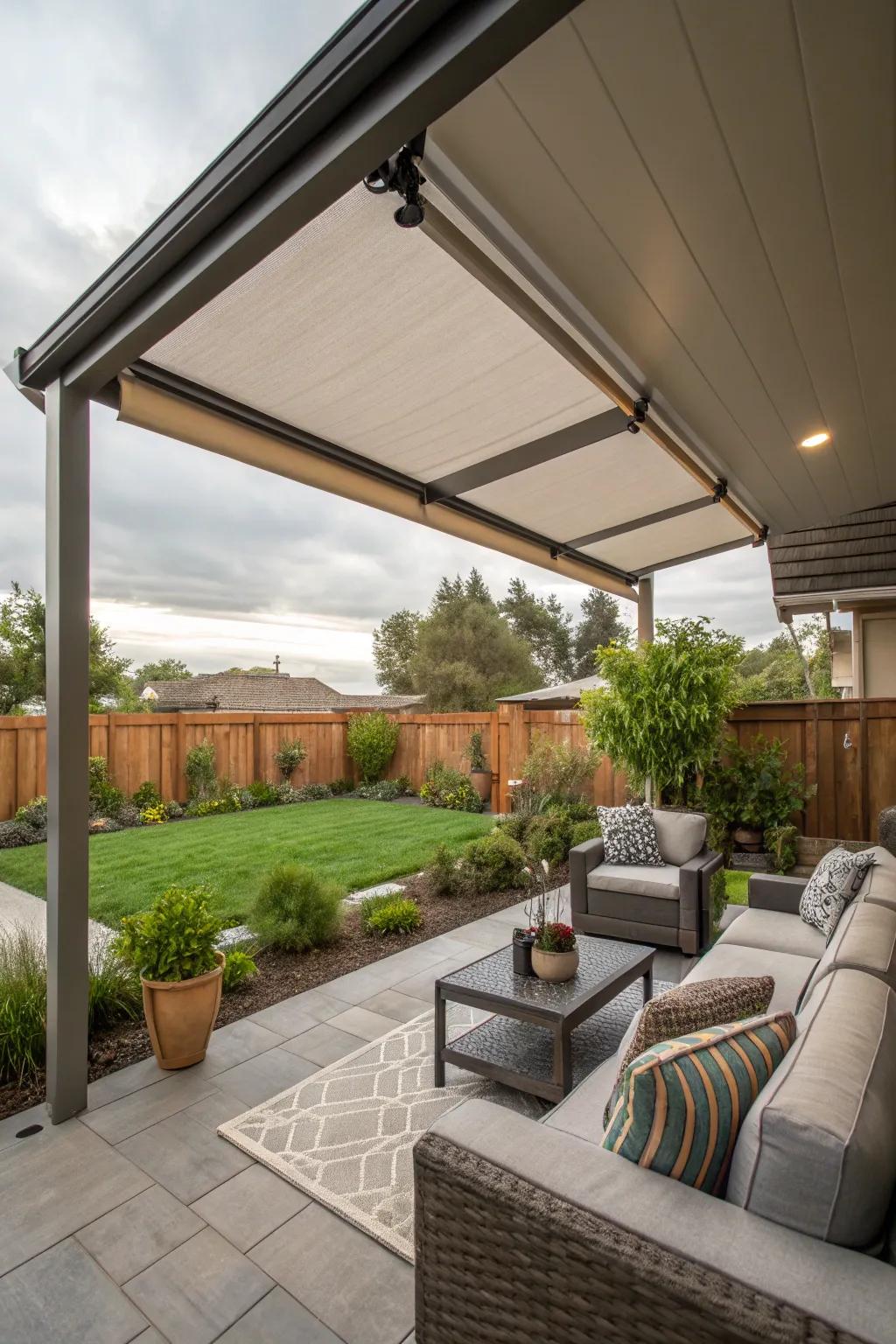 Retractable shade providing adaptable sun protection in a lanai.