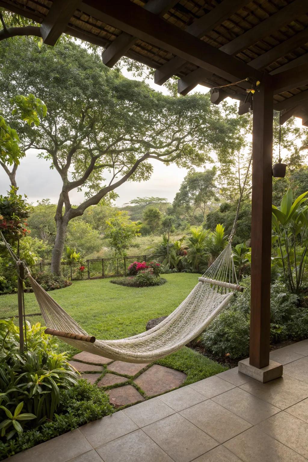Comfortable hammock inviting relaxation in a backyard lanai.